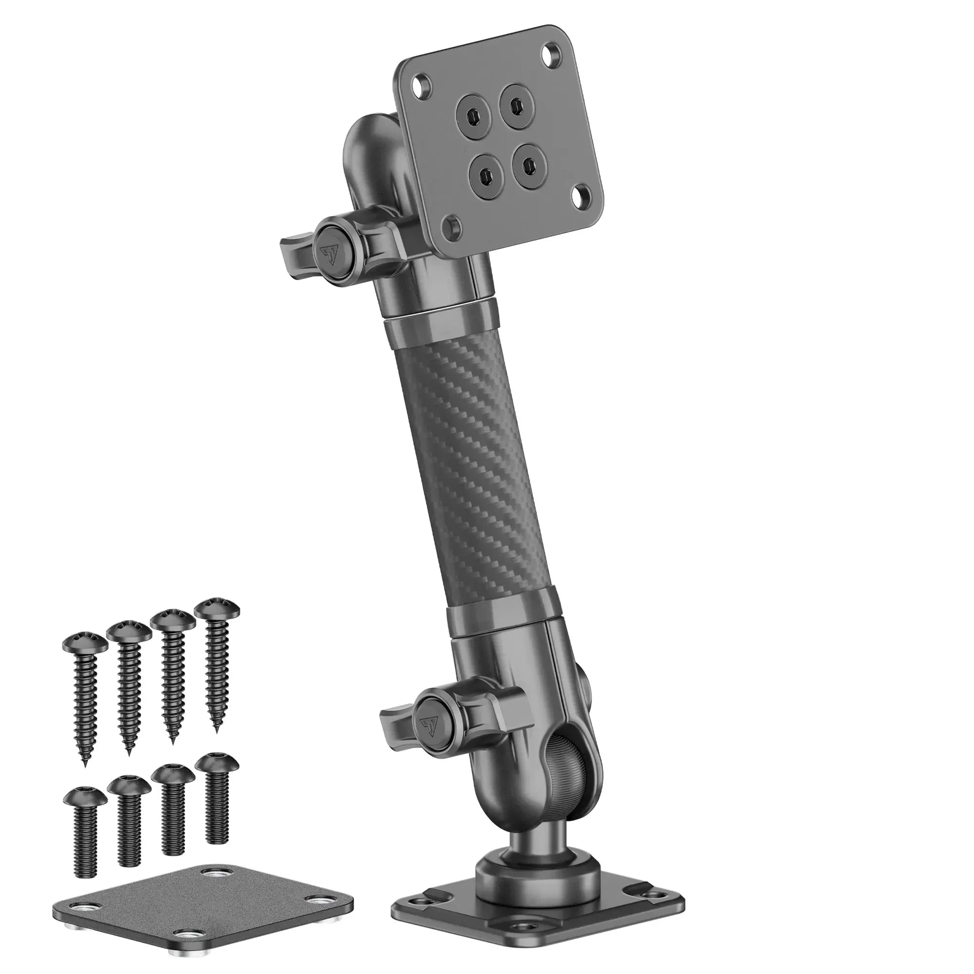 Adjustable carbon fiber vehicle accessory mounting arm with screws and hardware kit