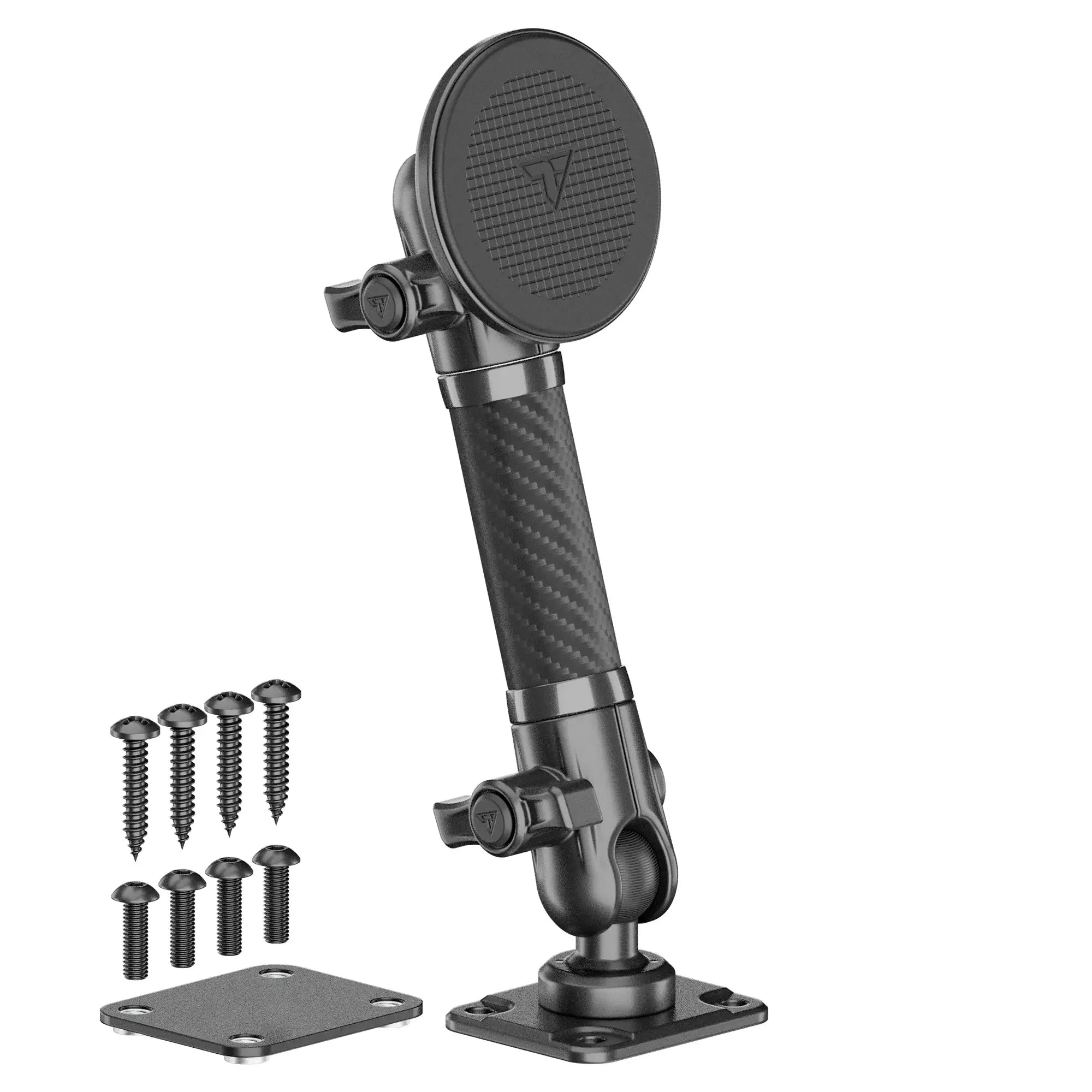 Adjustable carbon fiber phone mount with screws and mounting plates for off-road vehicles.