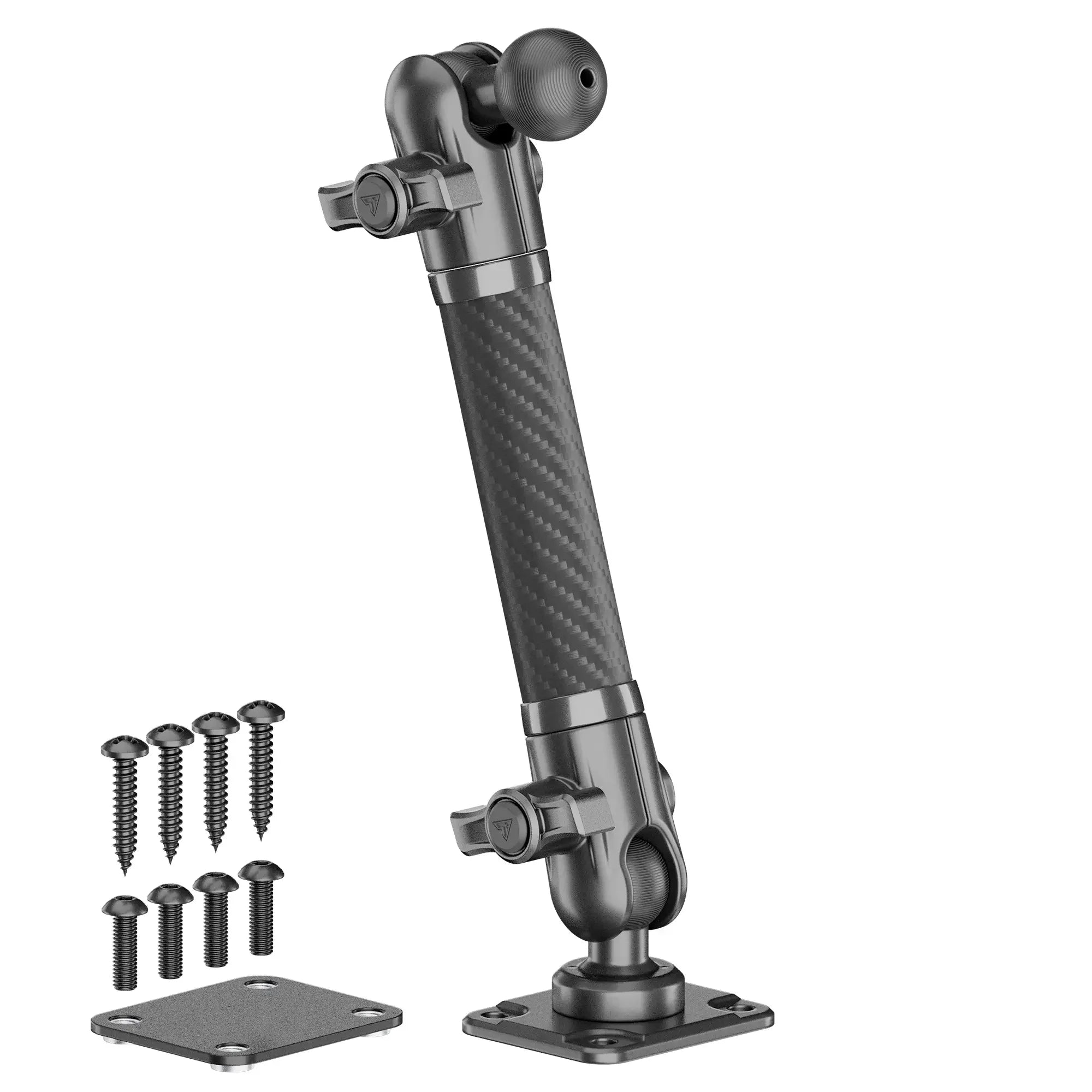 Adjustable carbon fiber vehicle accessory mounting arm with screws and base plates