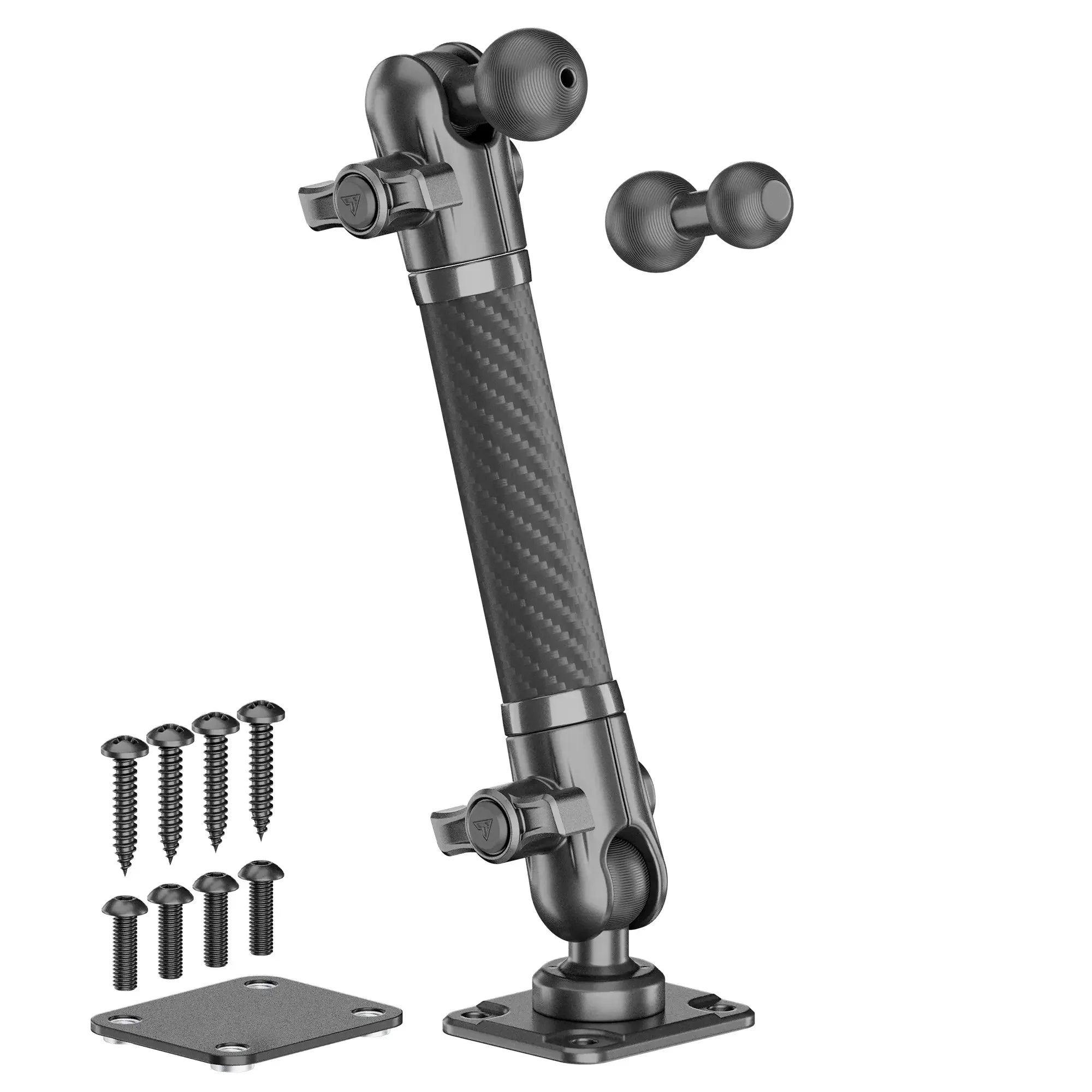 Adjustable carbon fiber mounting arm with base plates and screws for vehicle accessories