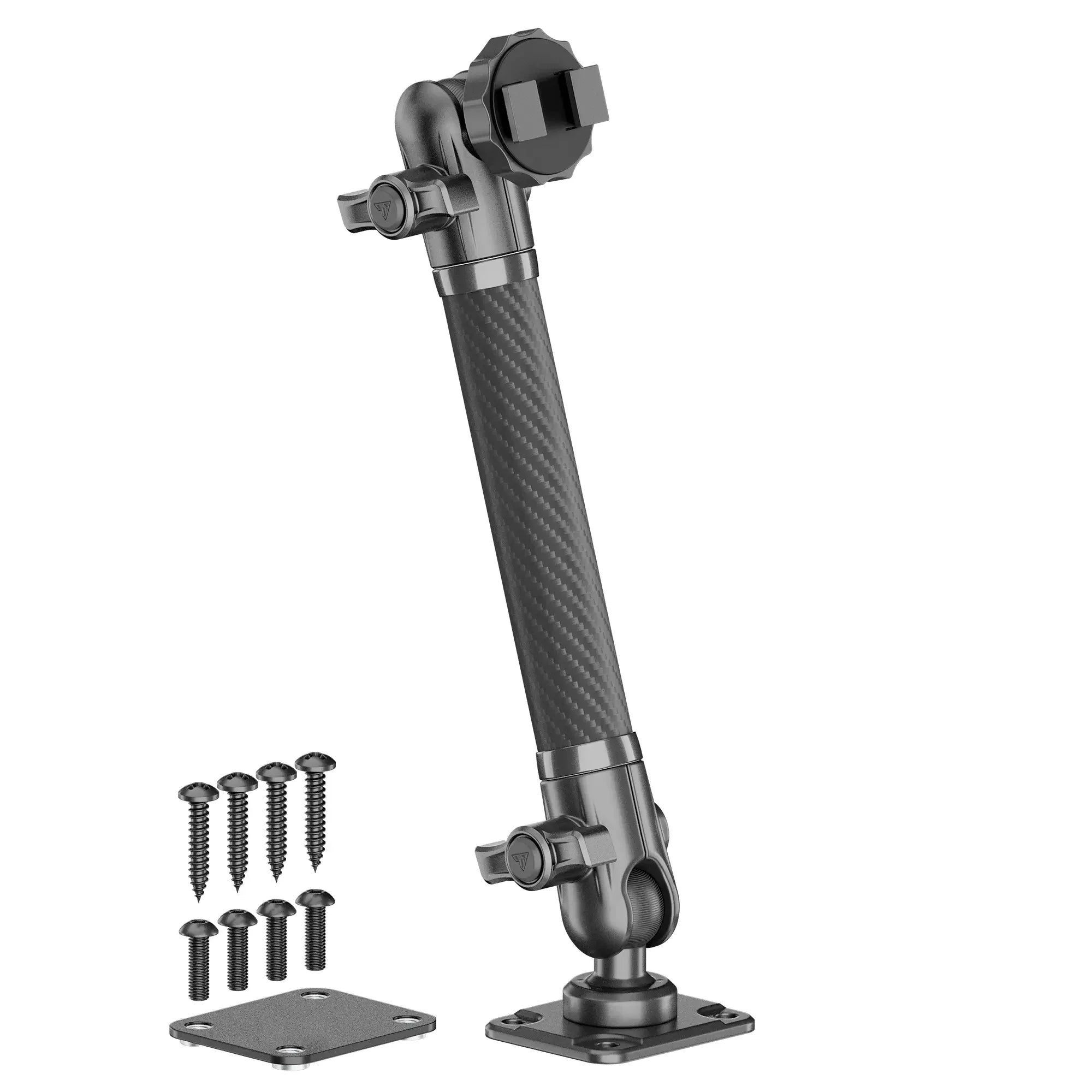 Adjustable carbon fiber vehicle mounting arm with screws and base plates for off-road gear