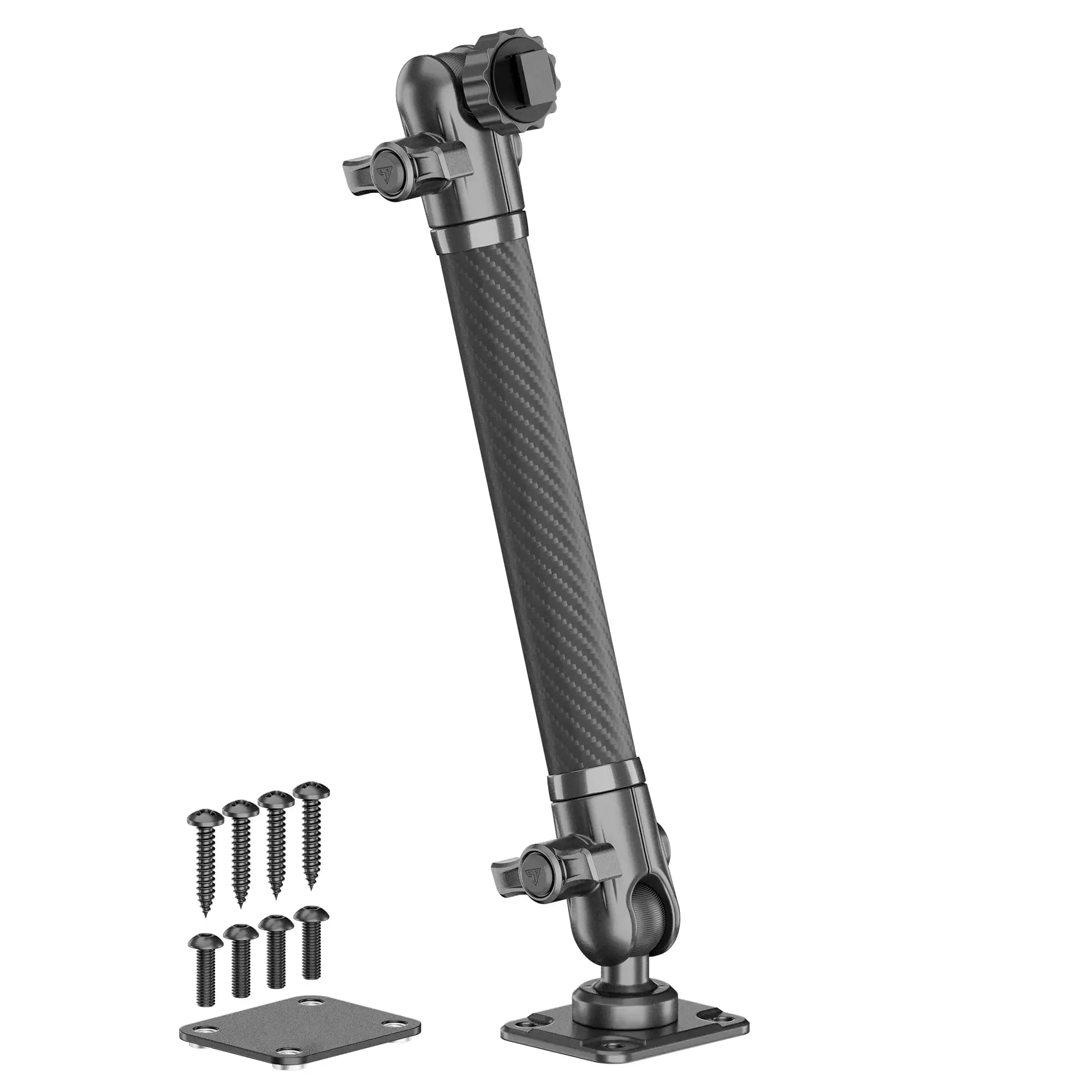 Adjustable mounting arm with carbon fiber finish and installation screws for vehicle accessories