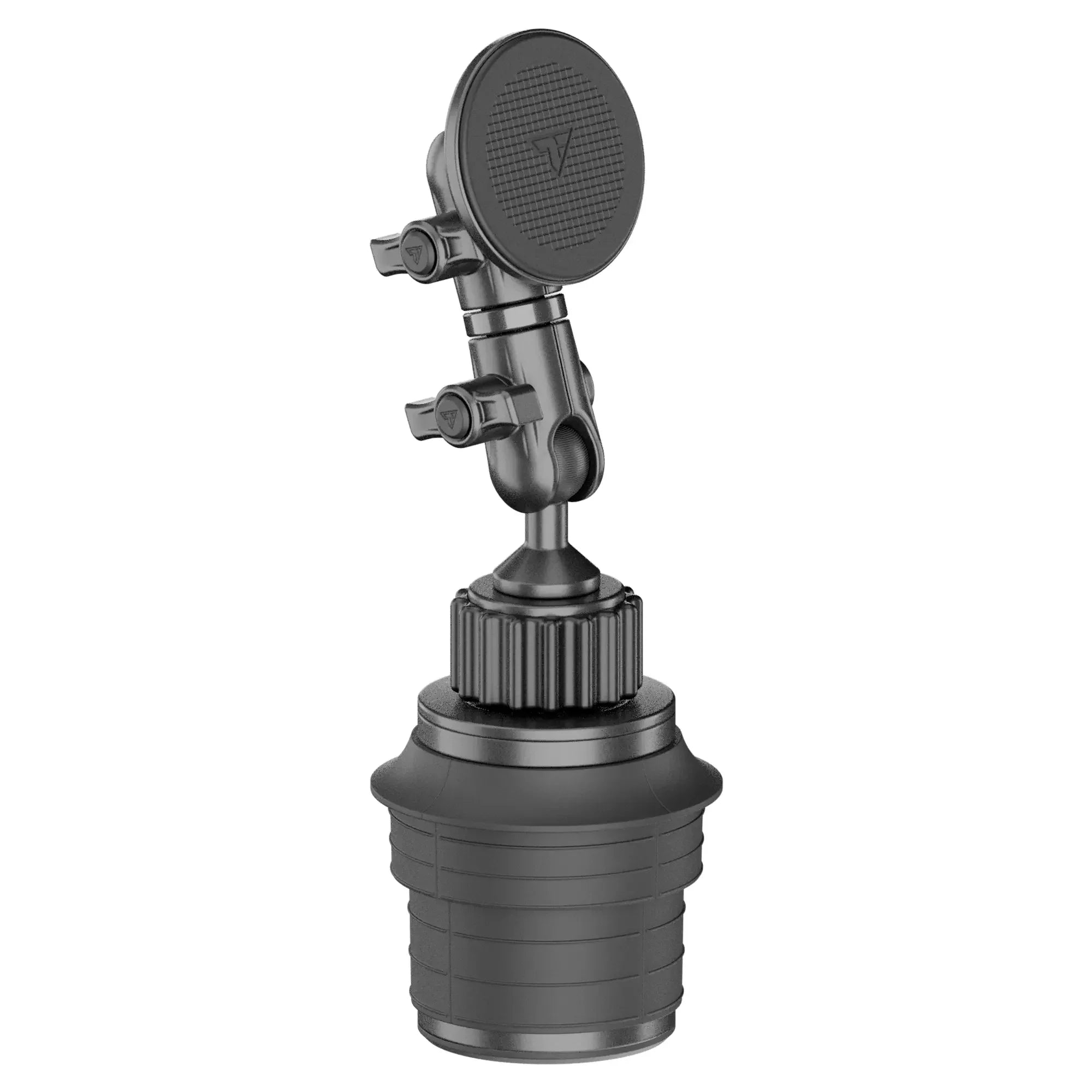 Adjustable magnetic phone mount for vehicle cup holder, ideal for overlanding and camping.