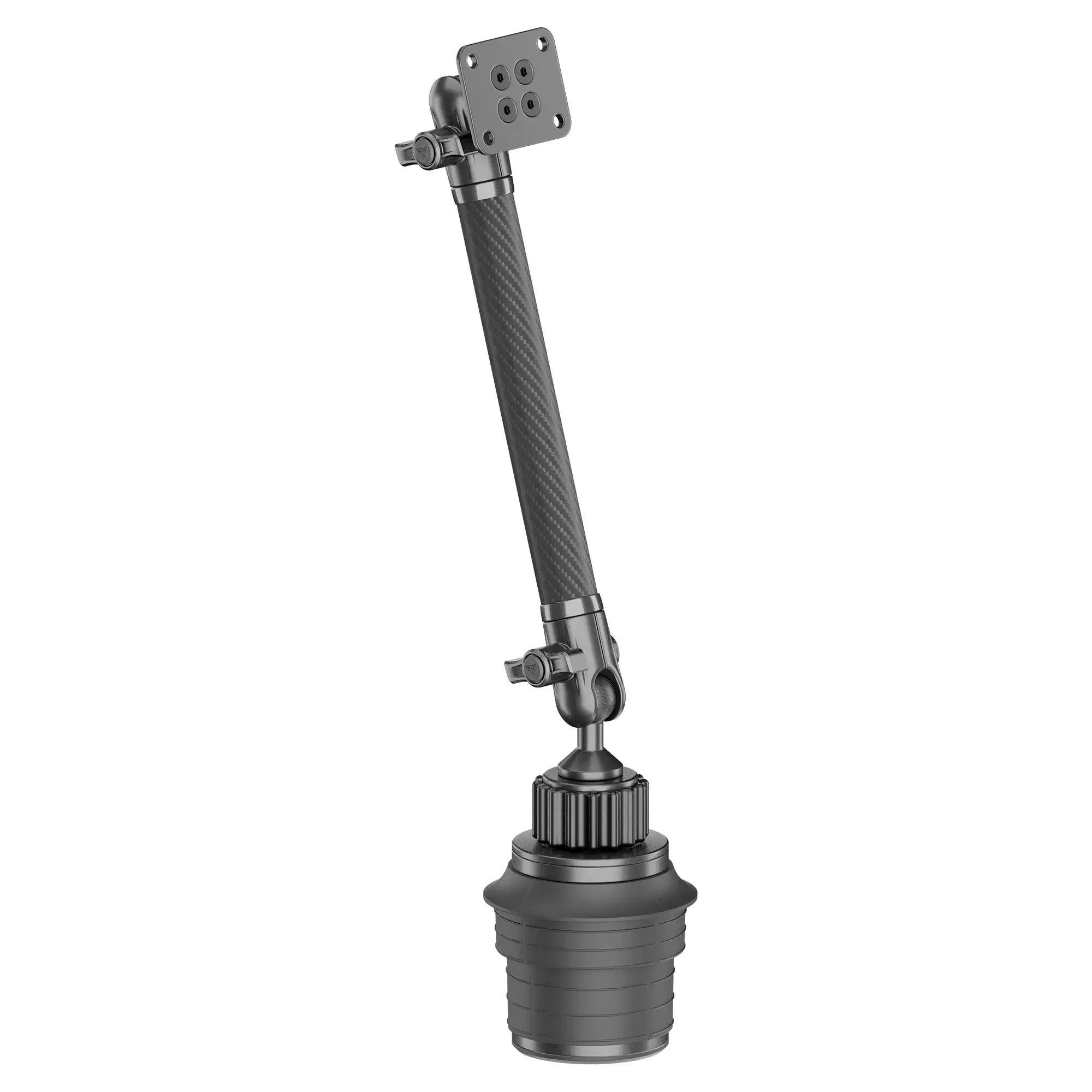 Adjustable black mounting arm with ball joint for overlanding and vehicle gear