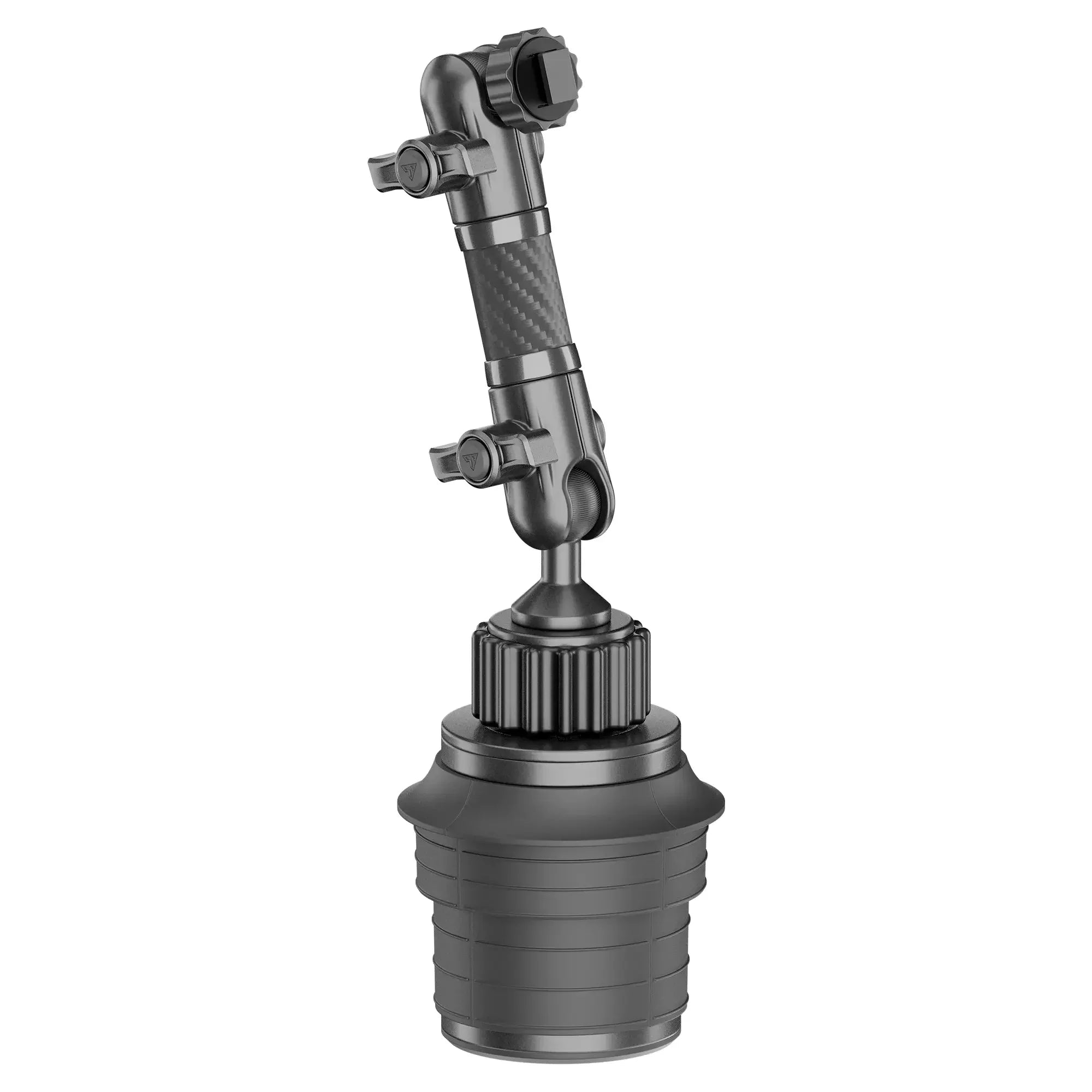 Adjustable black vehicle accessory mount with carbon fiber arm for overland gear setup