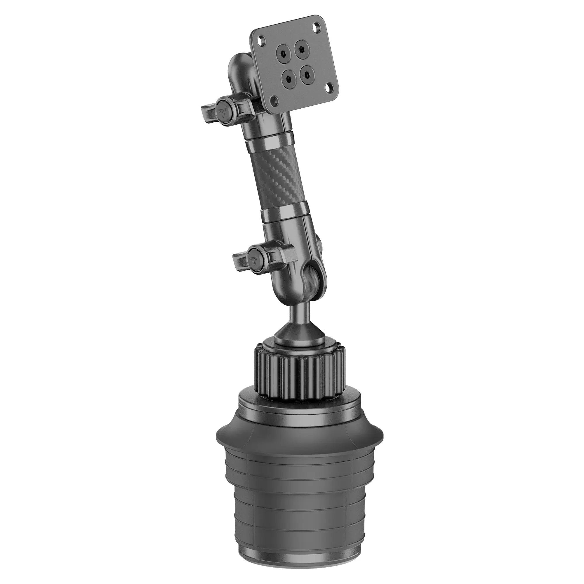 Adjustable black carbon fiber cup holder mount for off-road vehicles and camping gear