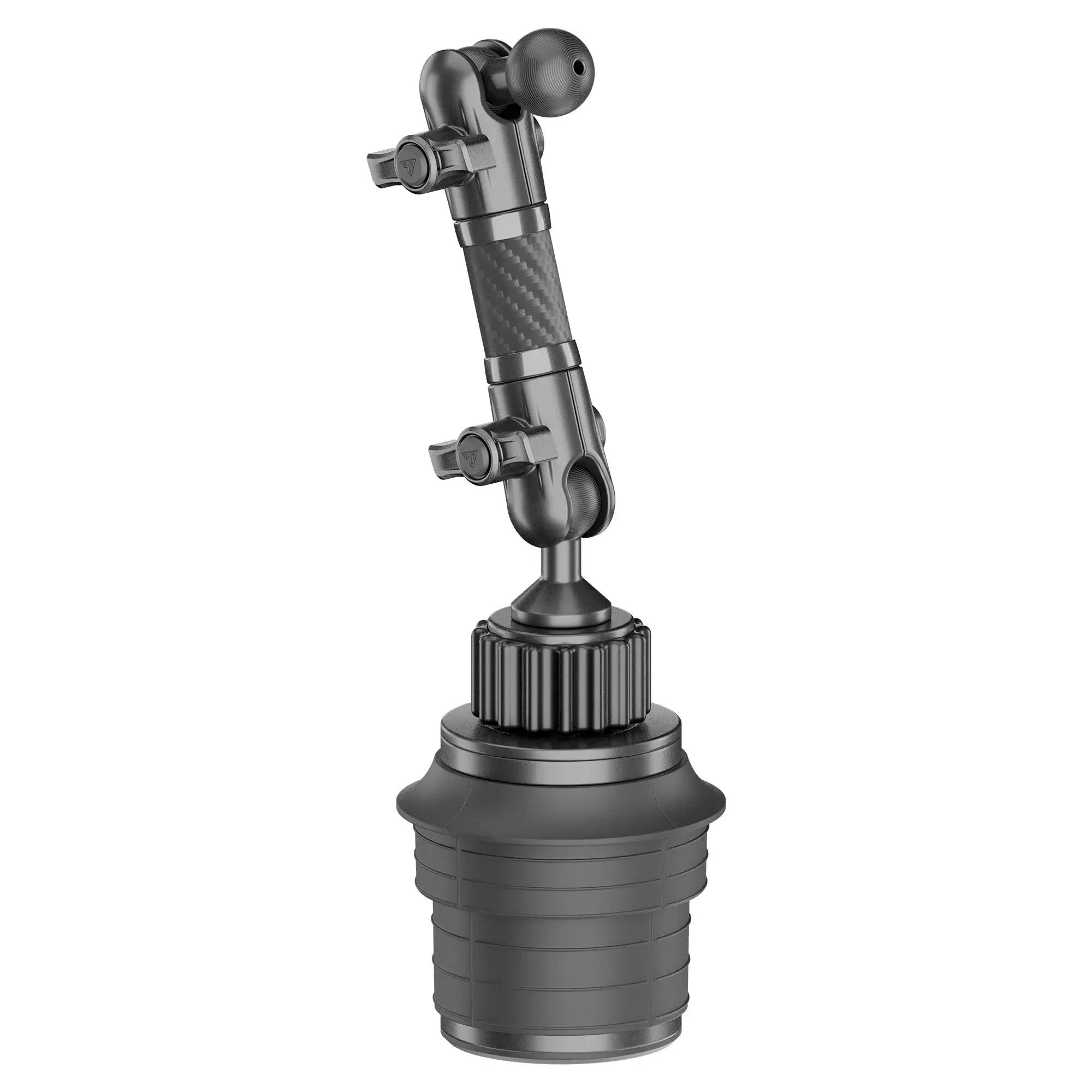 Adjustable mounting arm for vehicle gear with carbon fiber and knurled grips, isolated on white.