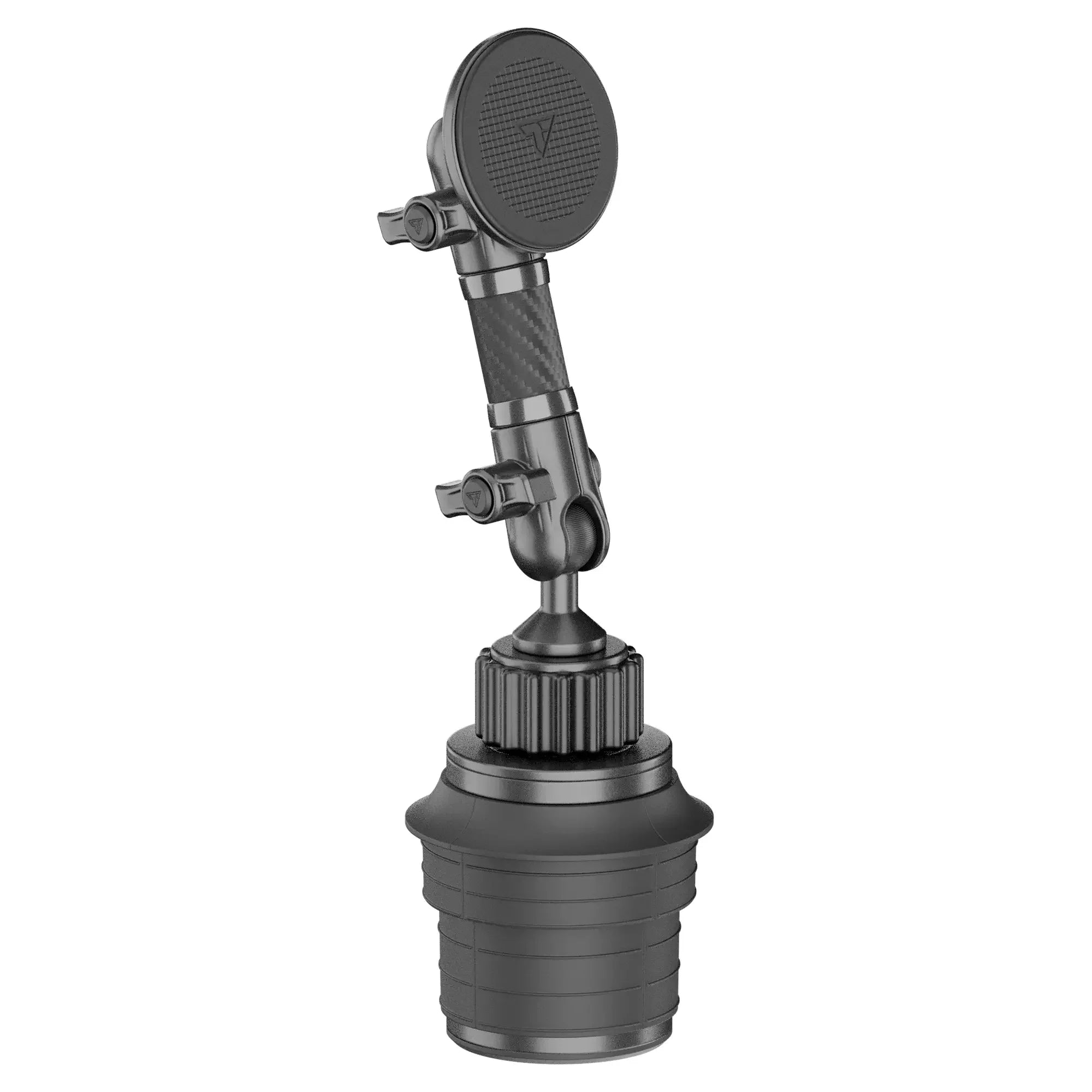 Adjustable black cup holder phone mount for vehicle interior, carbon fiber accent.