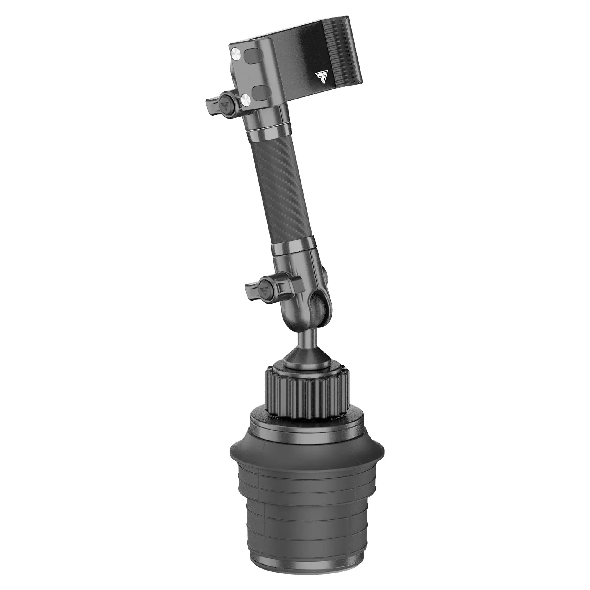 Adjustable black overlanding accessory mount with carbon fiber arm and clamp