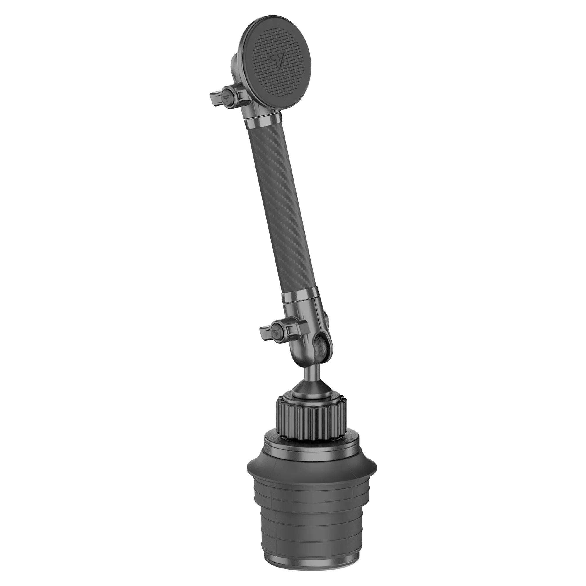 Adjustable magnetic phone mount with carbon fiber arm and cup holder base for vehicles