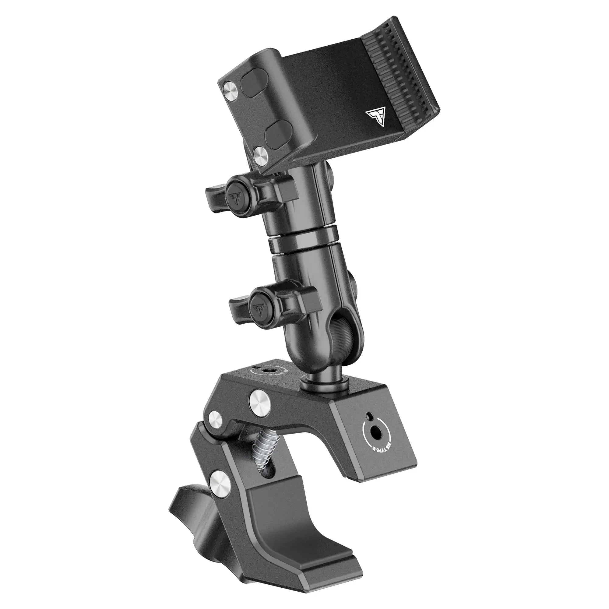 Heavy-duty adjustable phone mount clamp for overlanding vehicles and off-road gear