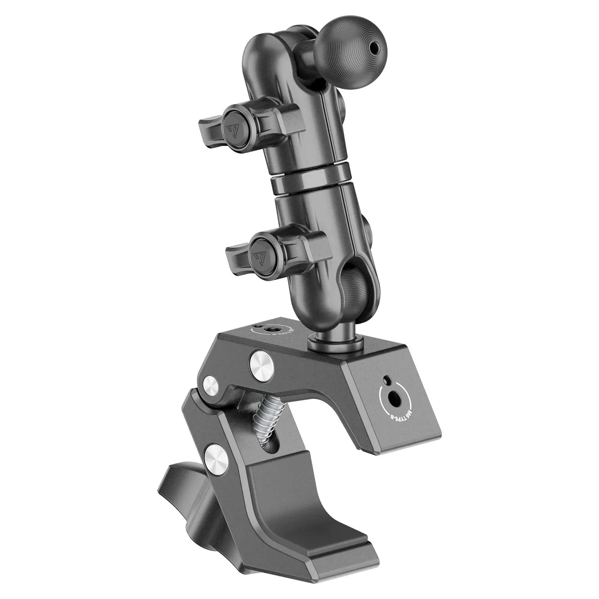 Black adjustable metal clamp mount with ball joint, for vehicle overlanding accessories