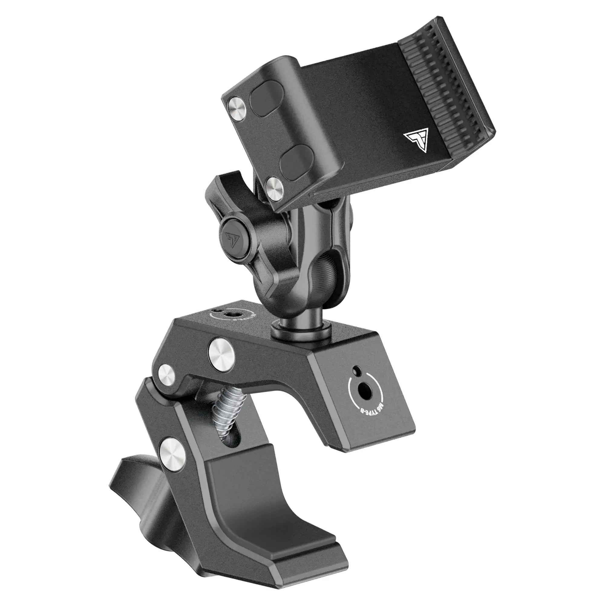 Adjustable black metal phone mount clamp for off-road vehicle dashboards and roll bars