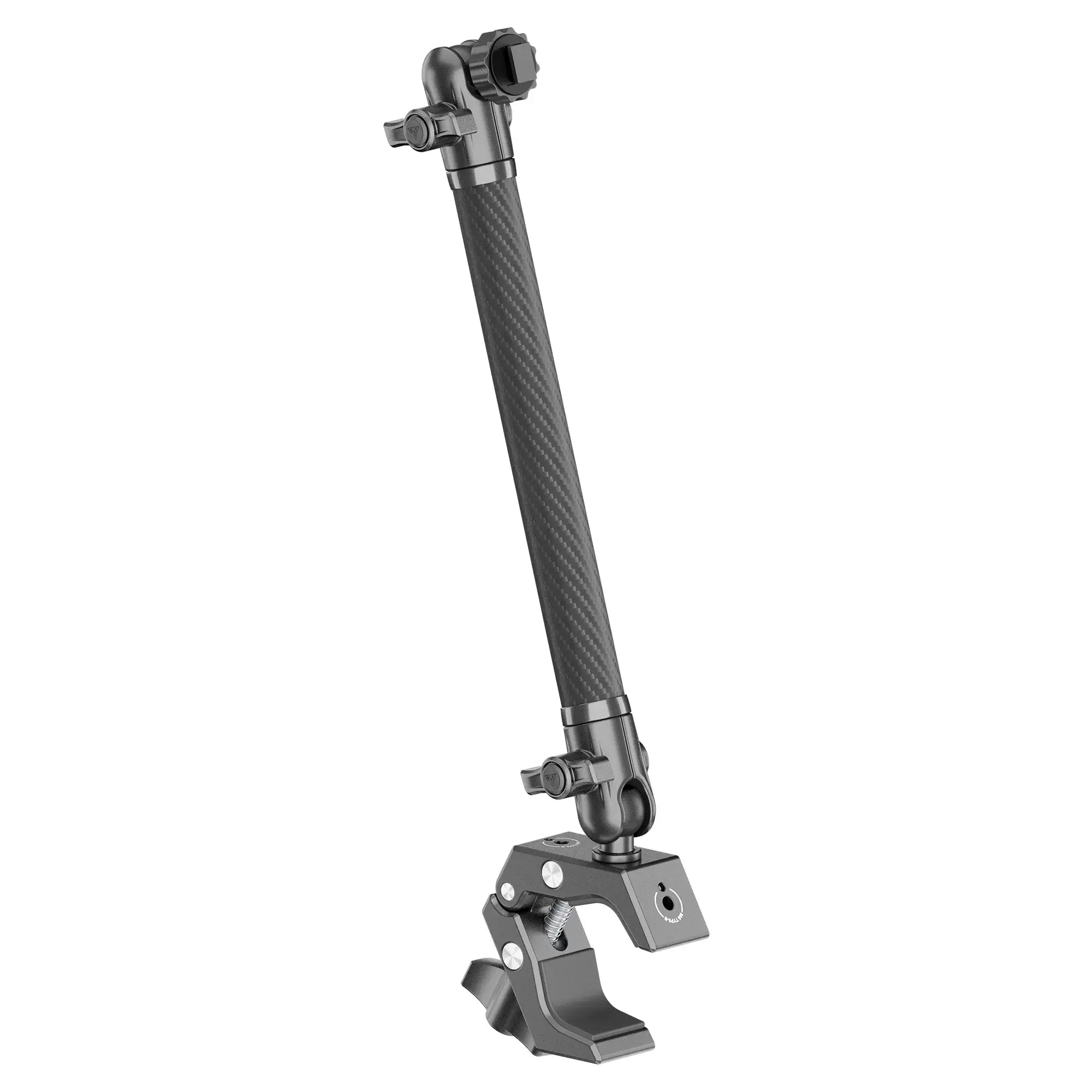 Adjustable carbon fiber mounting arm with clamp for vehicle adventure gear