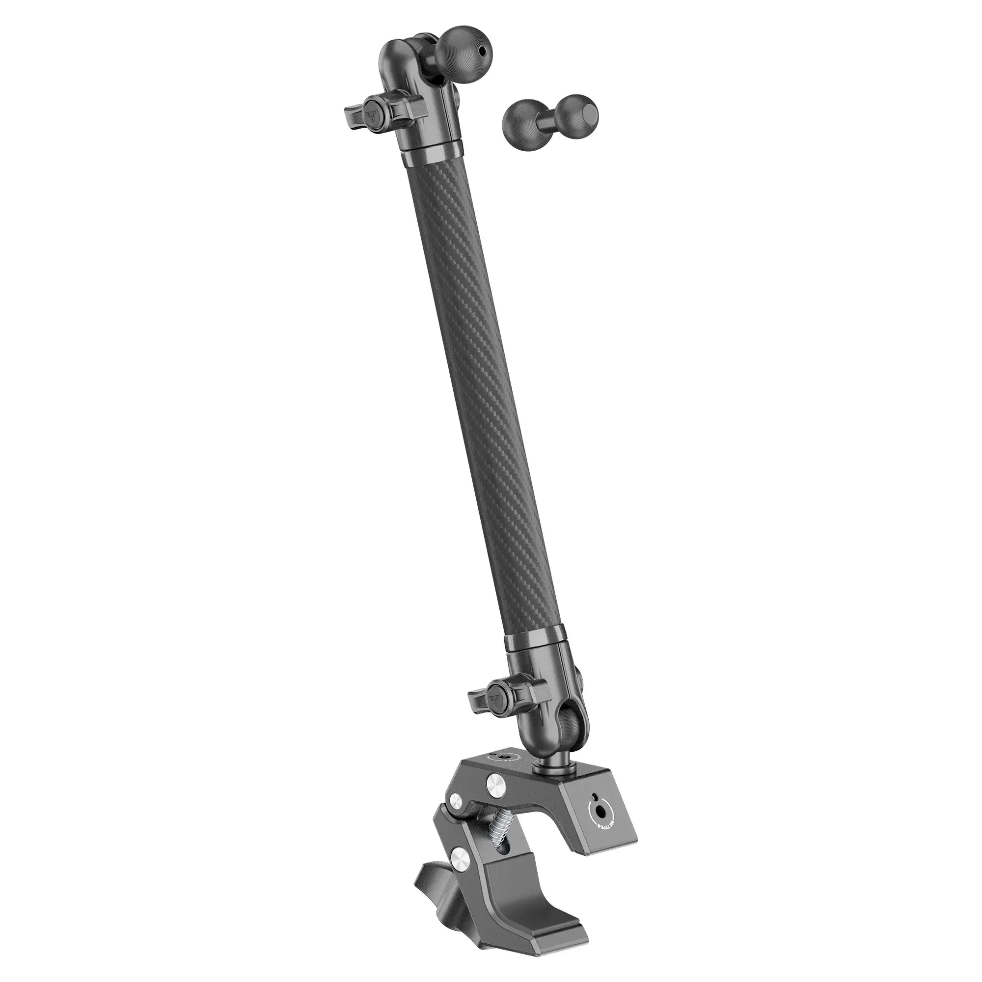 Adjustable carbon fiber mounting arm with clamp for overlanding and vehicle accessories