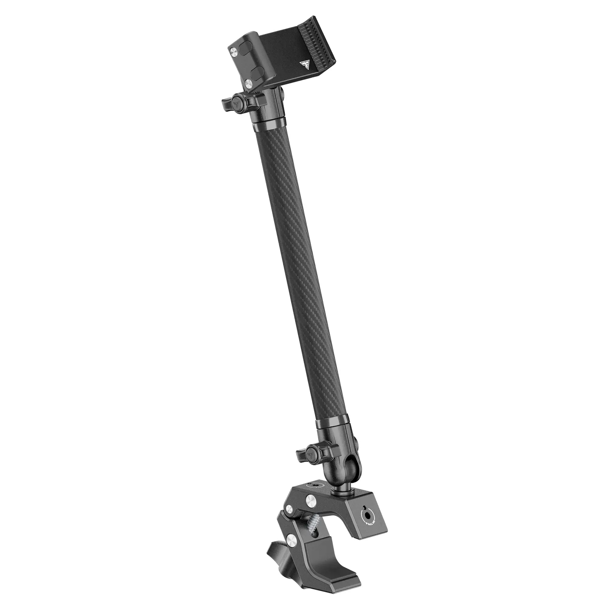 Adjustable carbon fiber vehicle mounting arm with clamp for overlanding gear
