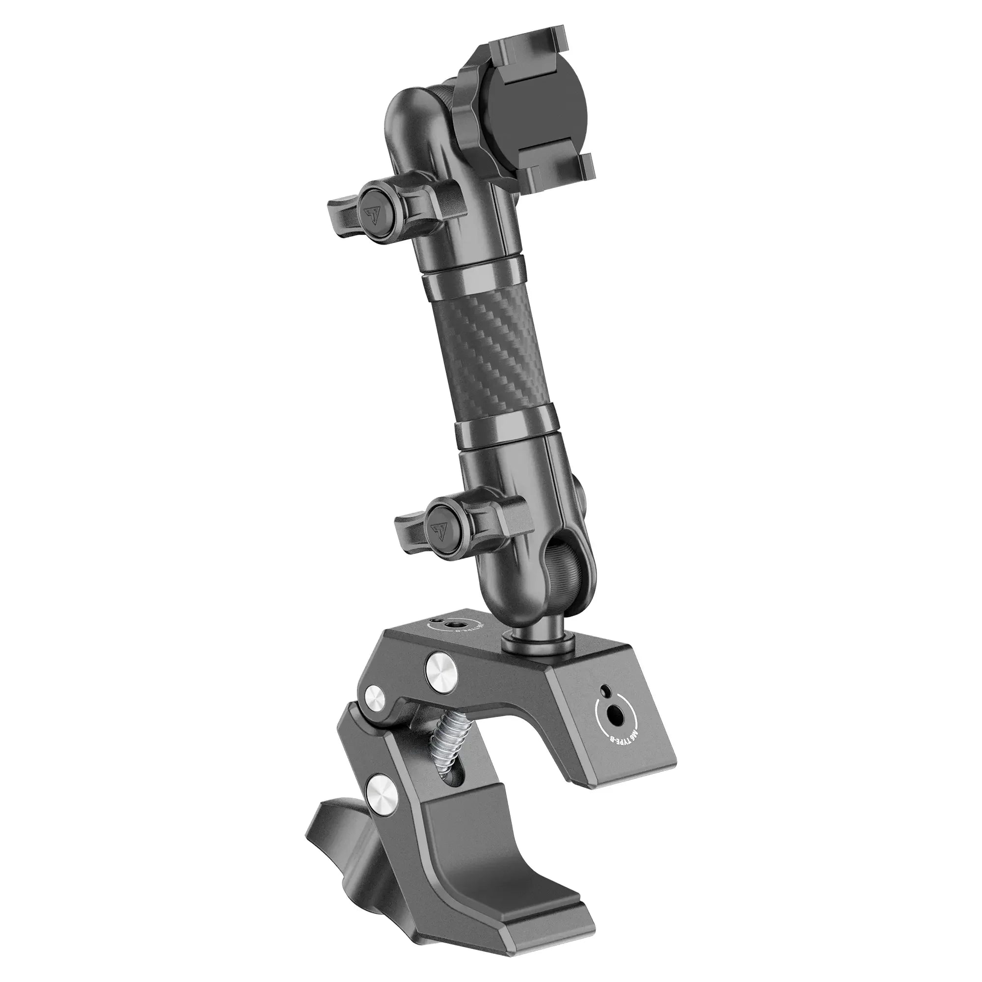 Heavy-duty metal mounting clamp with adjustable arm for vehicle accessories or gear