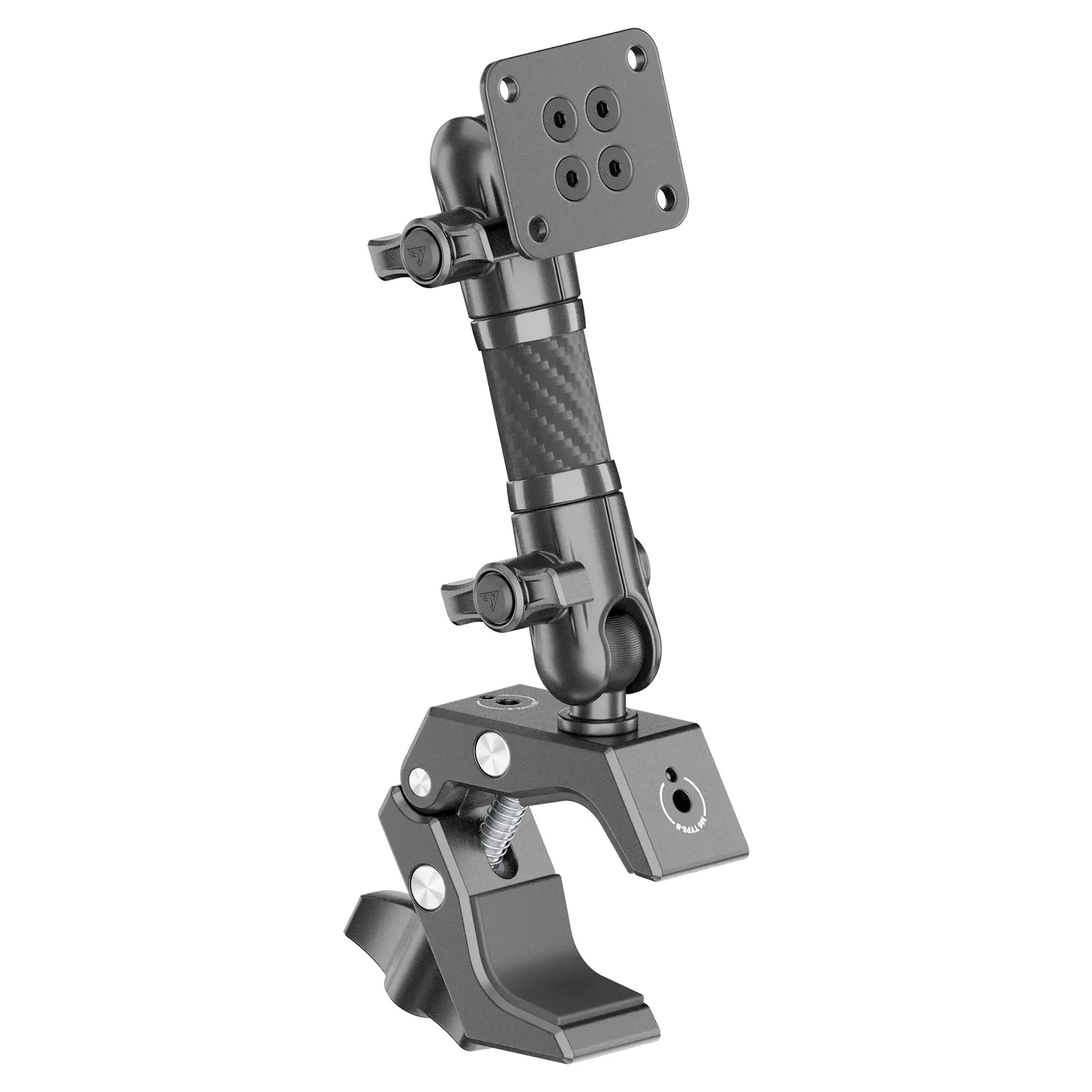 Adjustable metal mounting clamp with carbon fiber arm for overlanding vehicle accessories