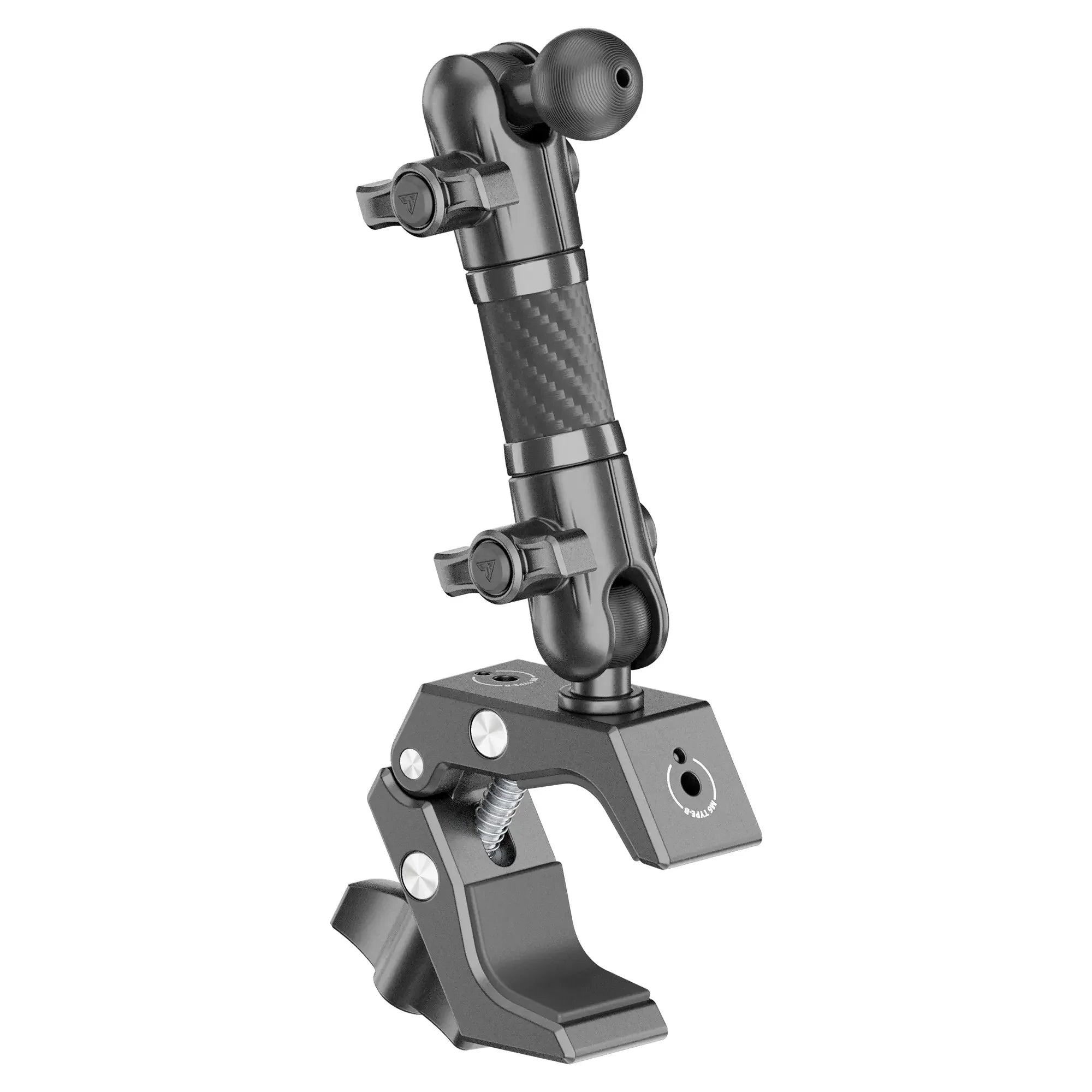 Heavy-duty adjustable clamp mount with carbon fiber arm for overlanding accessories
