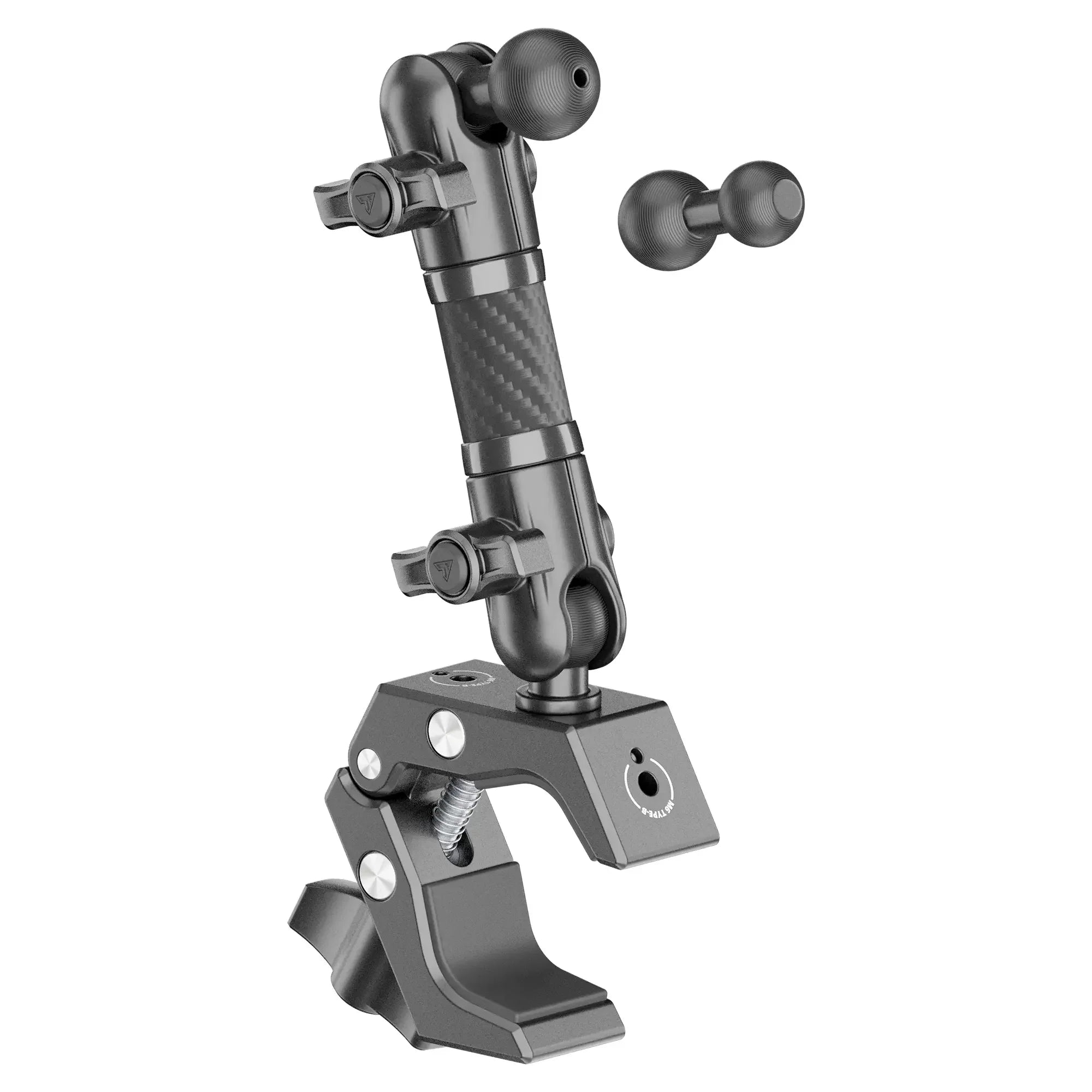 Adjustable metal mounting clamp with carbon fiber arm for off-road vehicle accessories