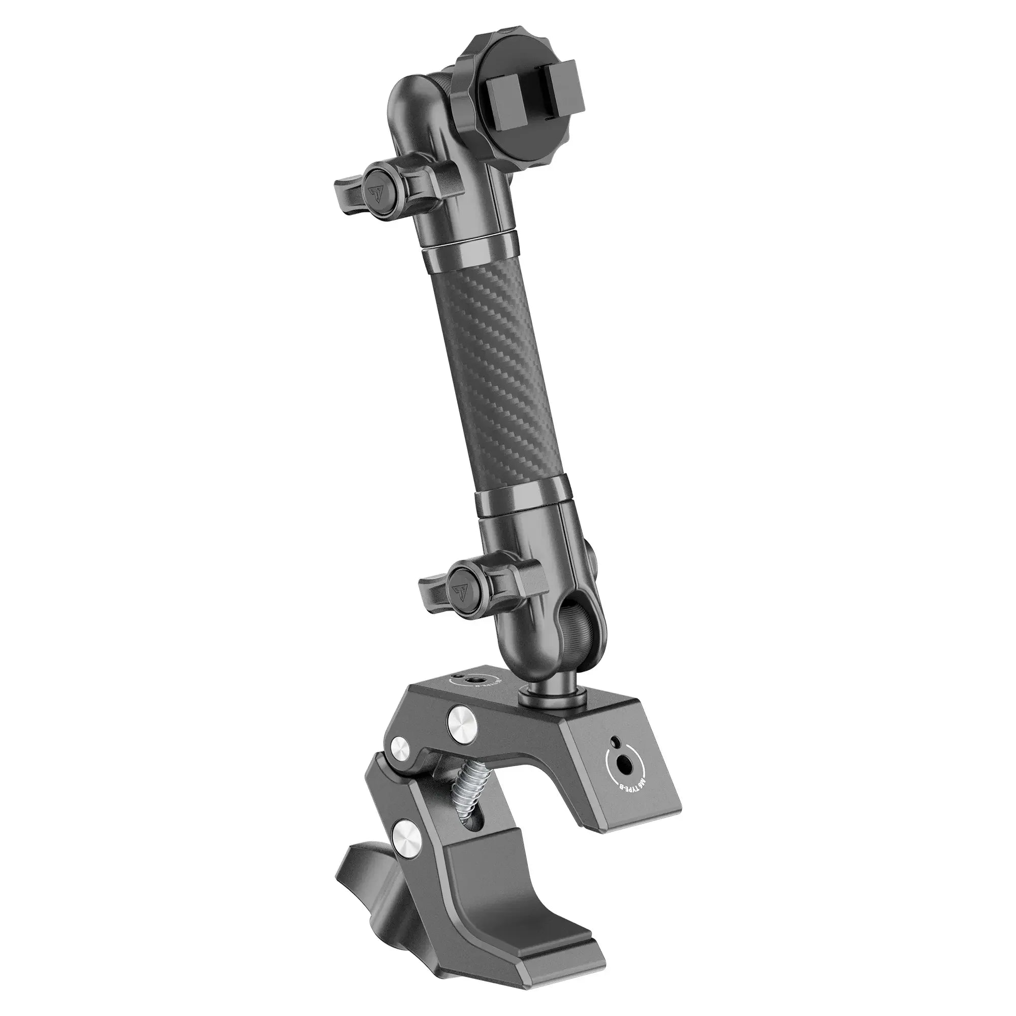 Adjustable metal mounting clamp with carbon fiber arm for off-road vehicle accessories