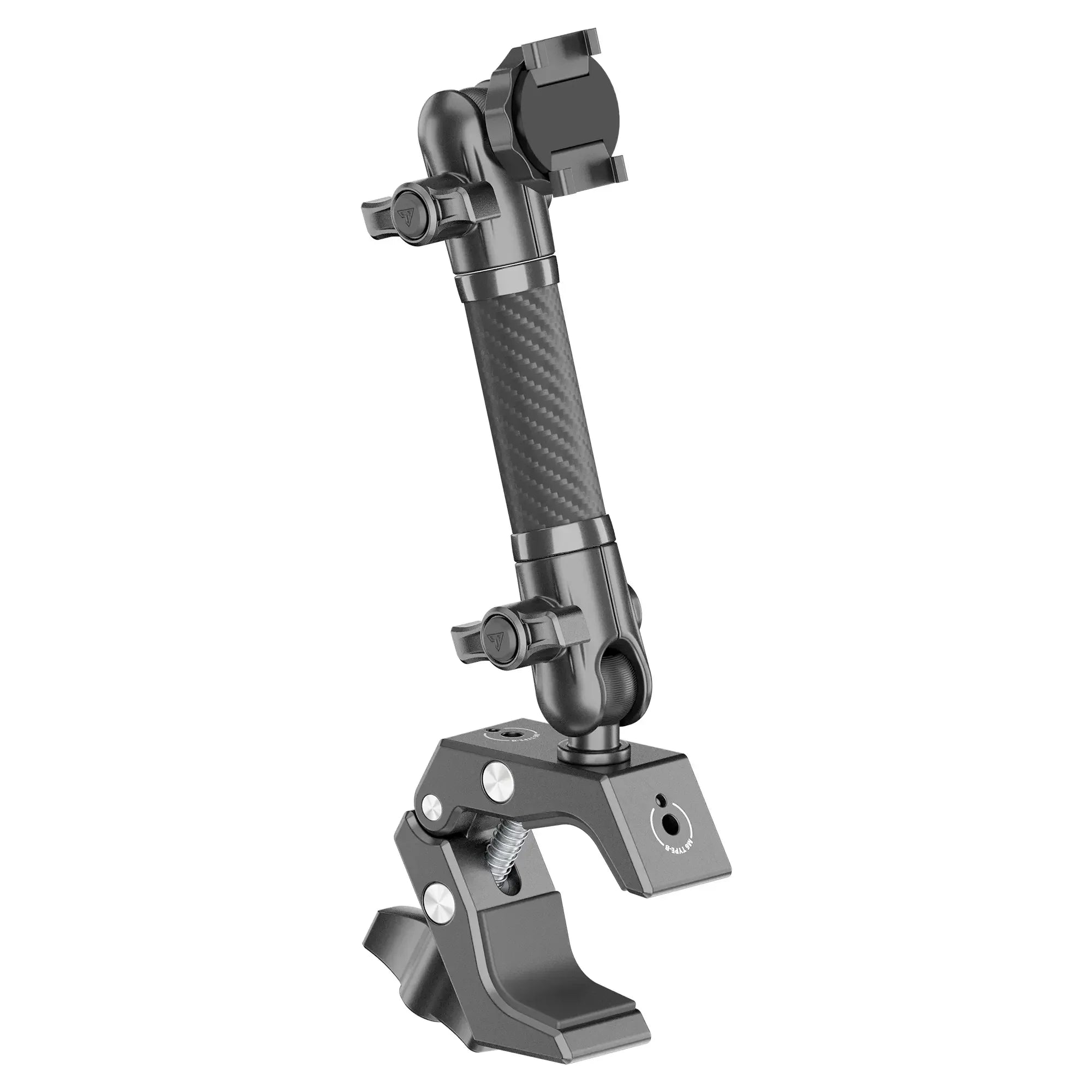 Adjustable carbon fiber mounting arm with clamp for overlanding or vehicle accessories