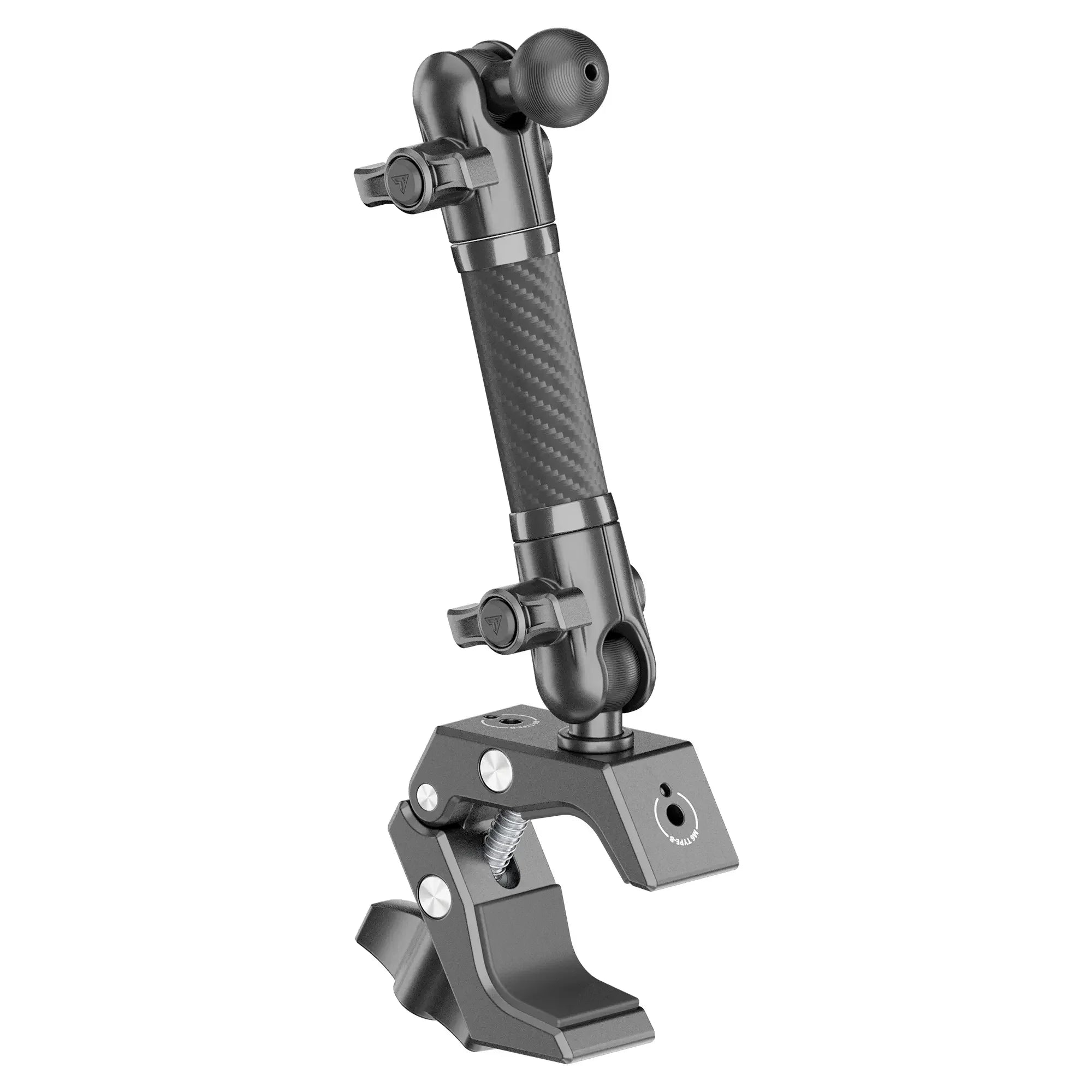 Heavy-duty adjustable mounting clamp with carbon fiber arm for overlanding accessories