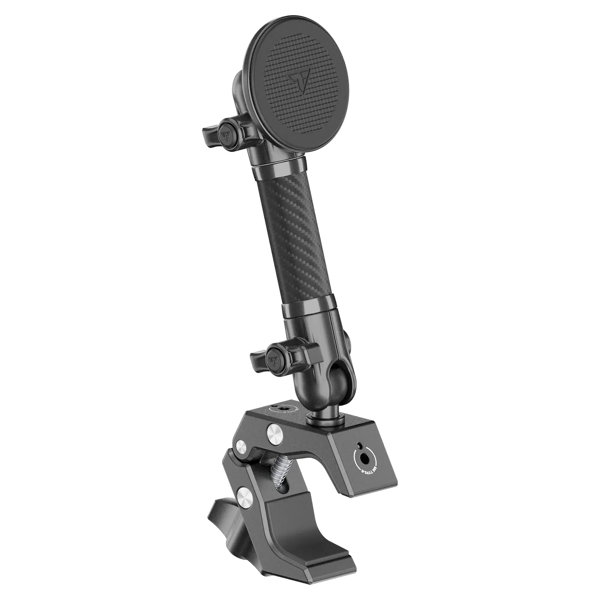 Adjustable vehicle accessory mount with clamp and carbon fiber arm for off-road gear