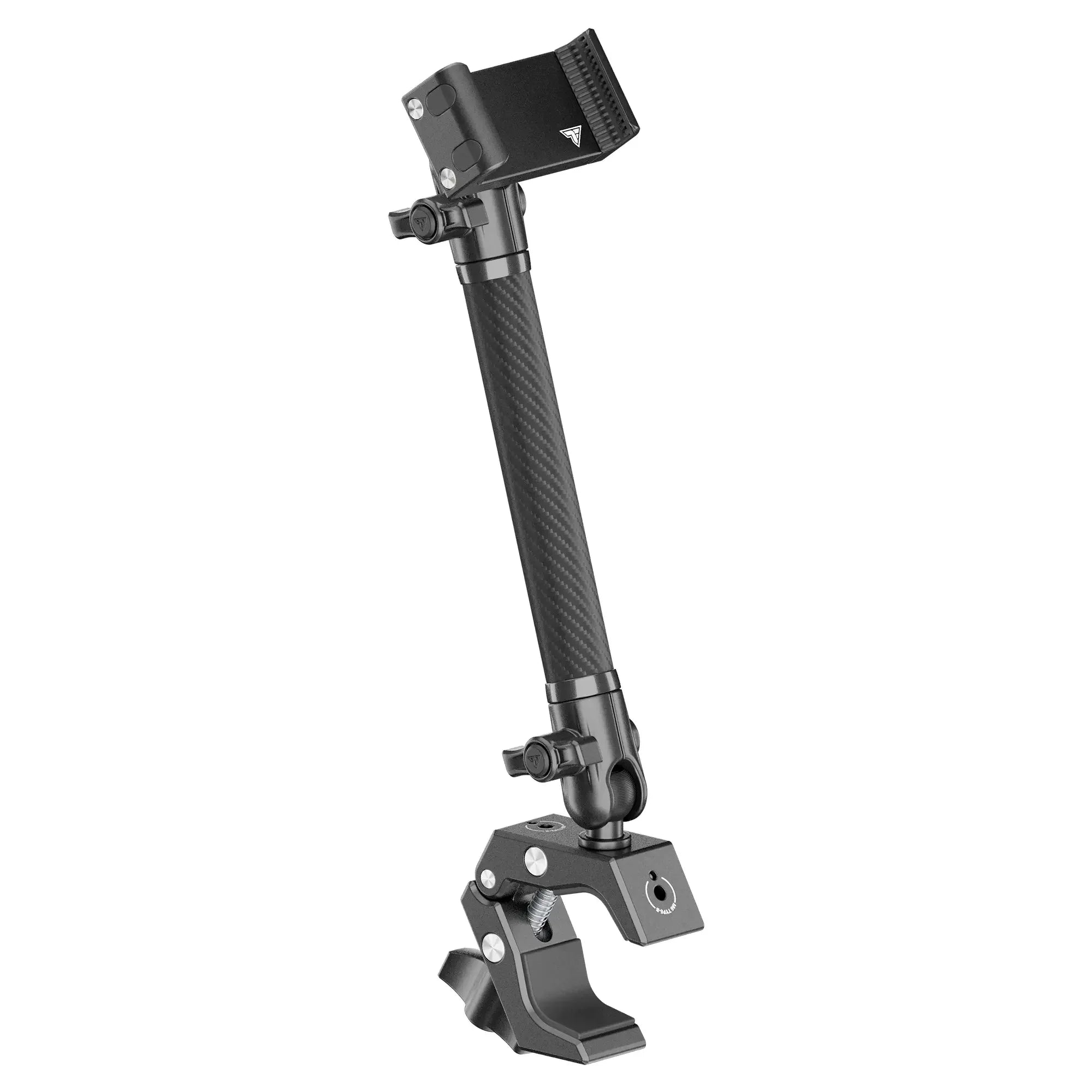 Adjustable carbon fiber camera mount clamp for vehicle or adventure gear setups