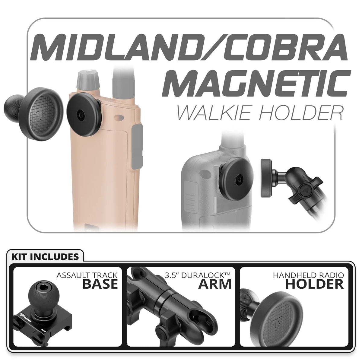 Tackform Midland and Cobra magnetic handheld radio holder, Assault Track Picatinny base and 3.5" arm, universal fit