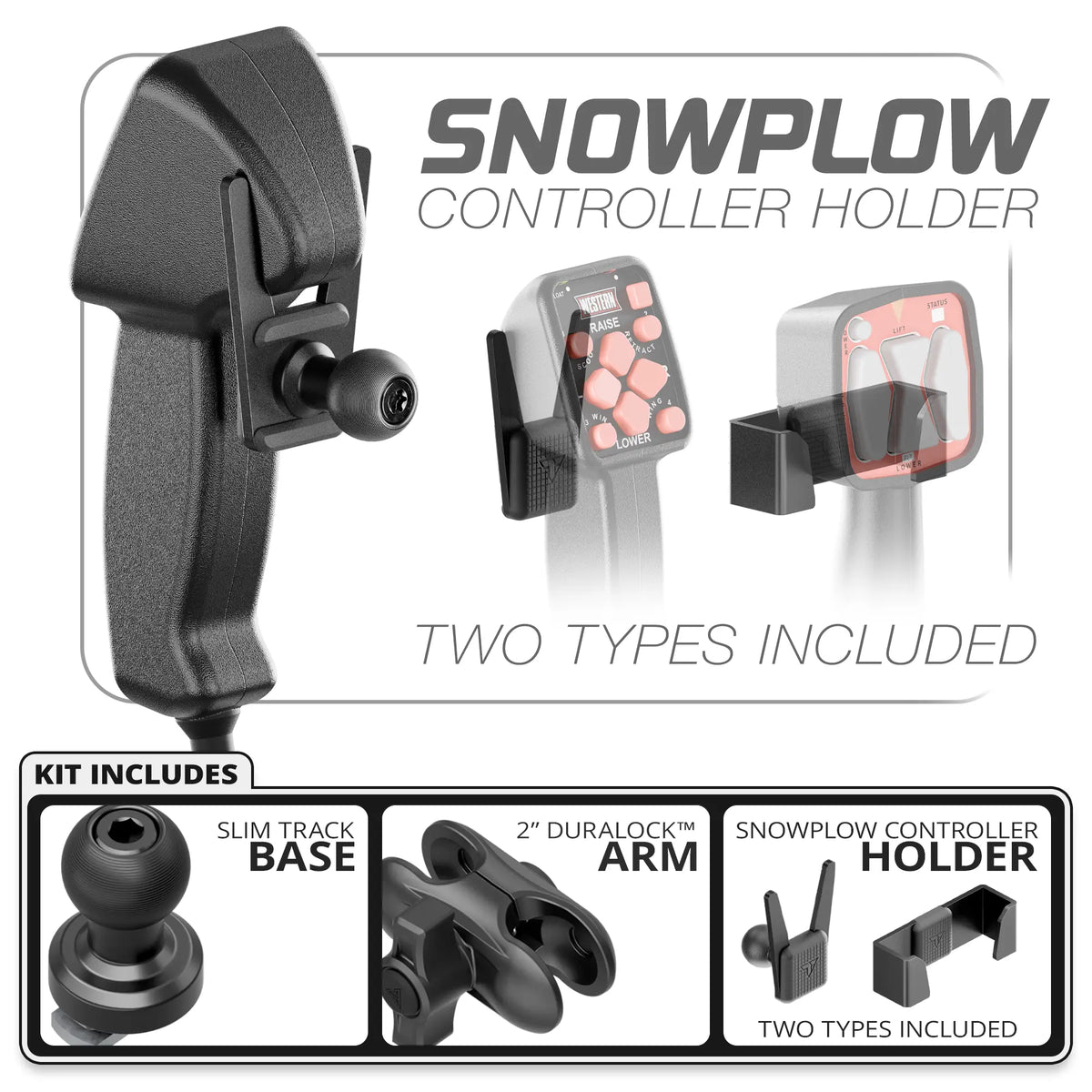 Tackform snowplow controller holder, Slim Track base and 2" DuraLock Arm, universal fit