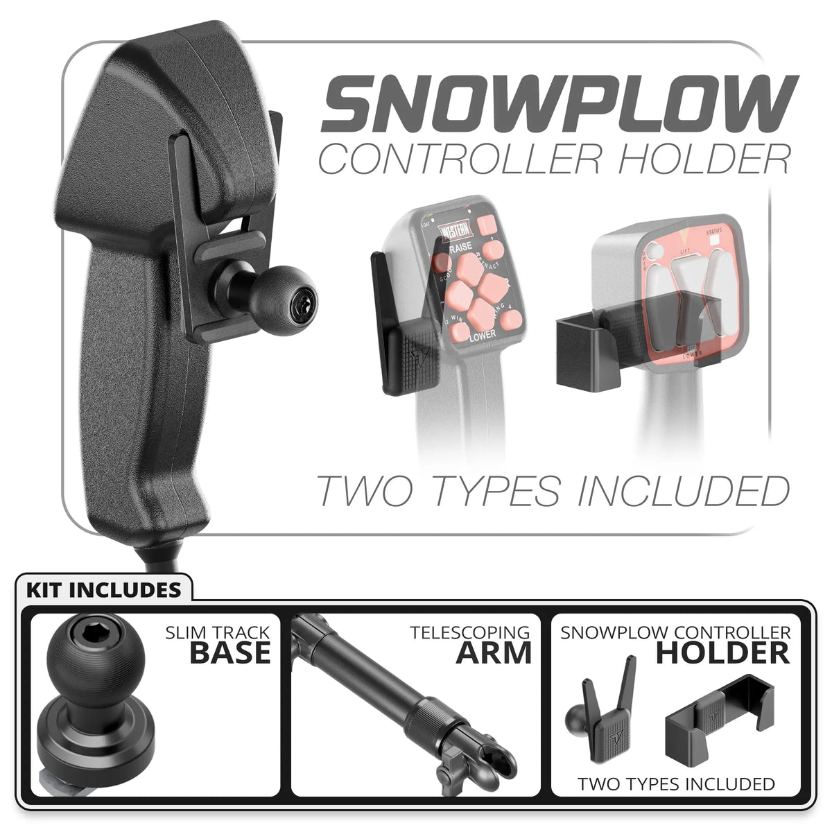 Tackform snowplow controller holder, Slim Track base and 7.5"-9.25" Telescoping Arm, universal fit