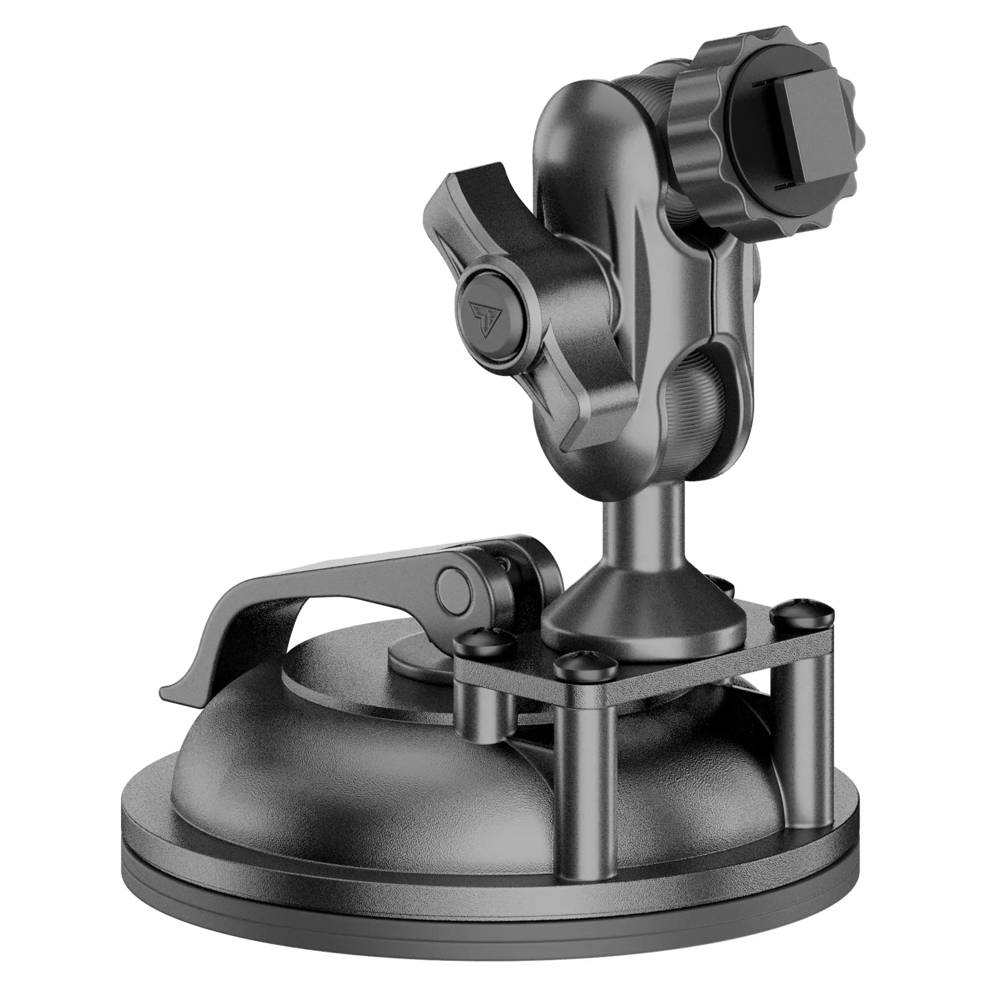 Heavy-duty black suction cup mount with adjustable arm for vehicle accessories and camping gear.