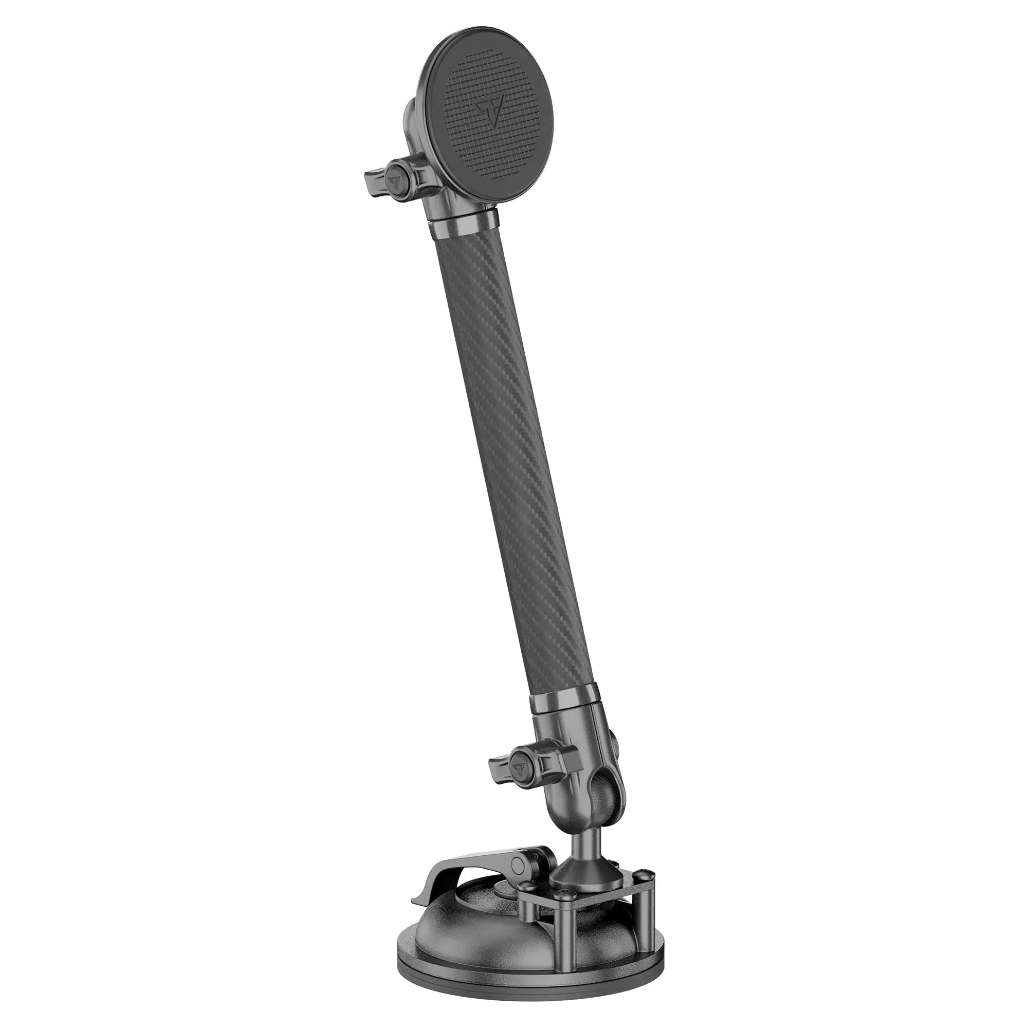 Adjustable carbon fiber vehicle mounting arm with suction cup base for overlanding gear