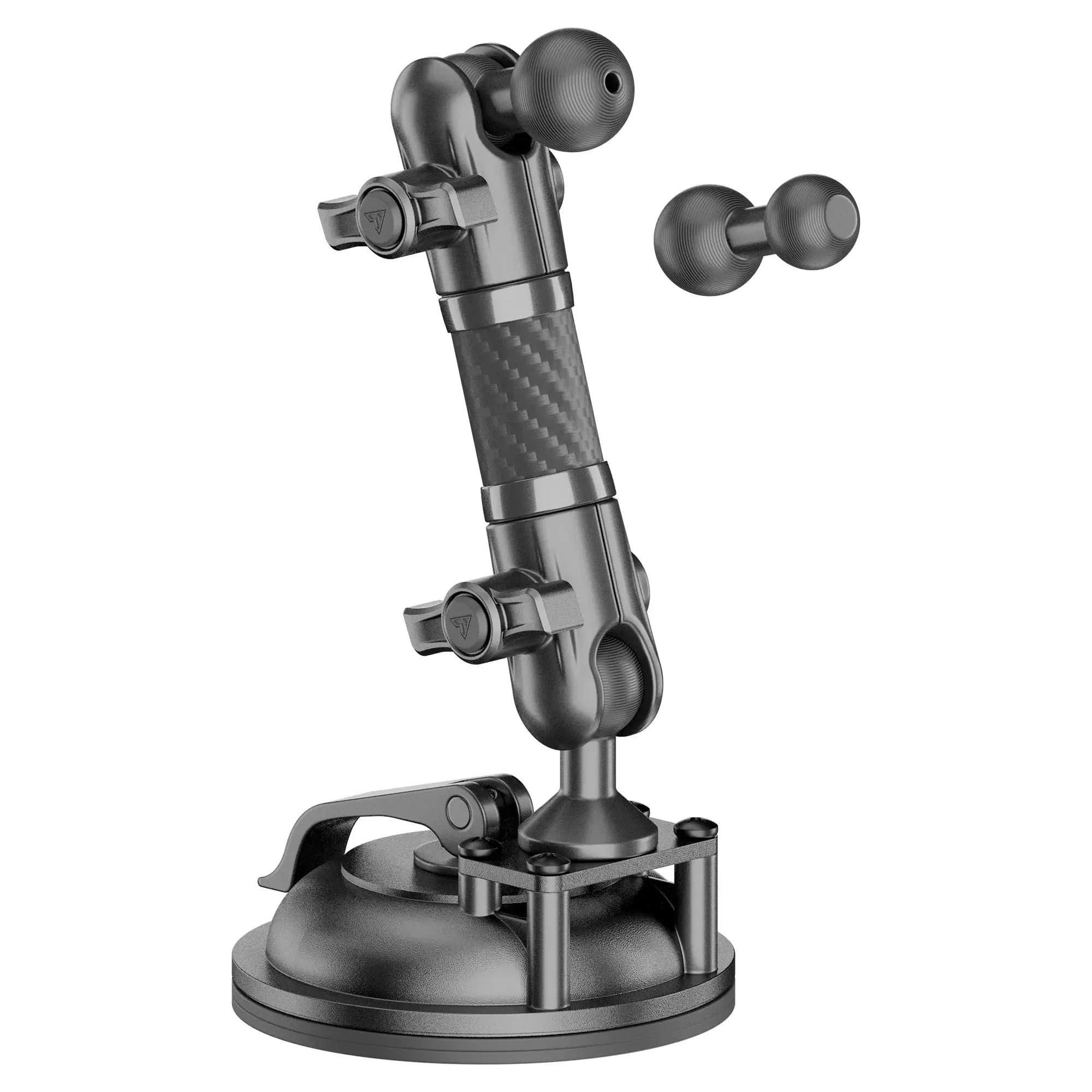 Adjustable carbon fiber vehicle mount with suction cup base and two ball joint adapters