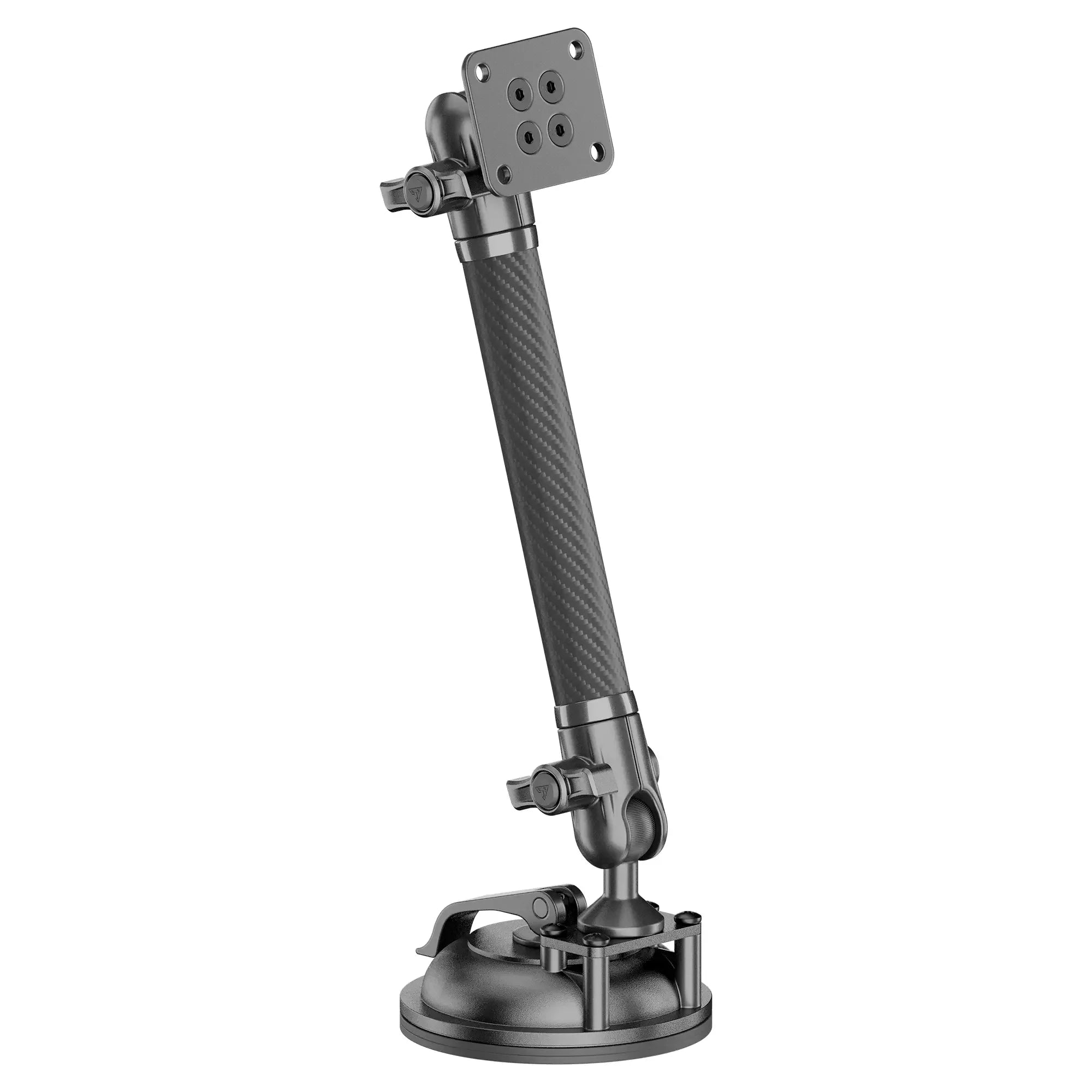 Adjustable vehicle mount with carbon fiber arm and suction cup base for off-road gear