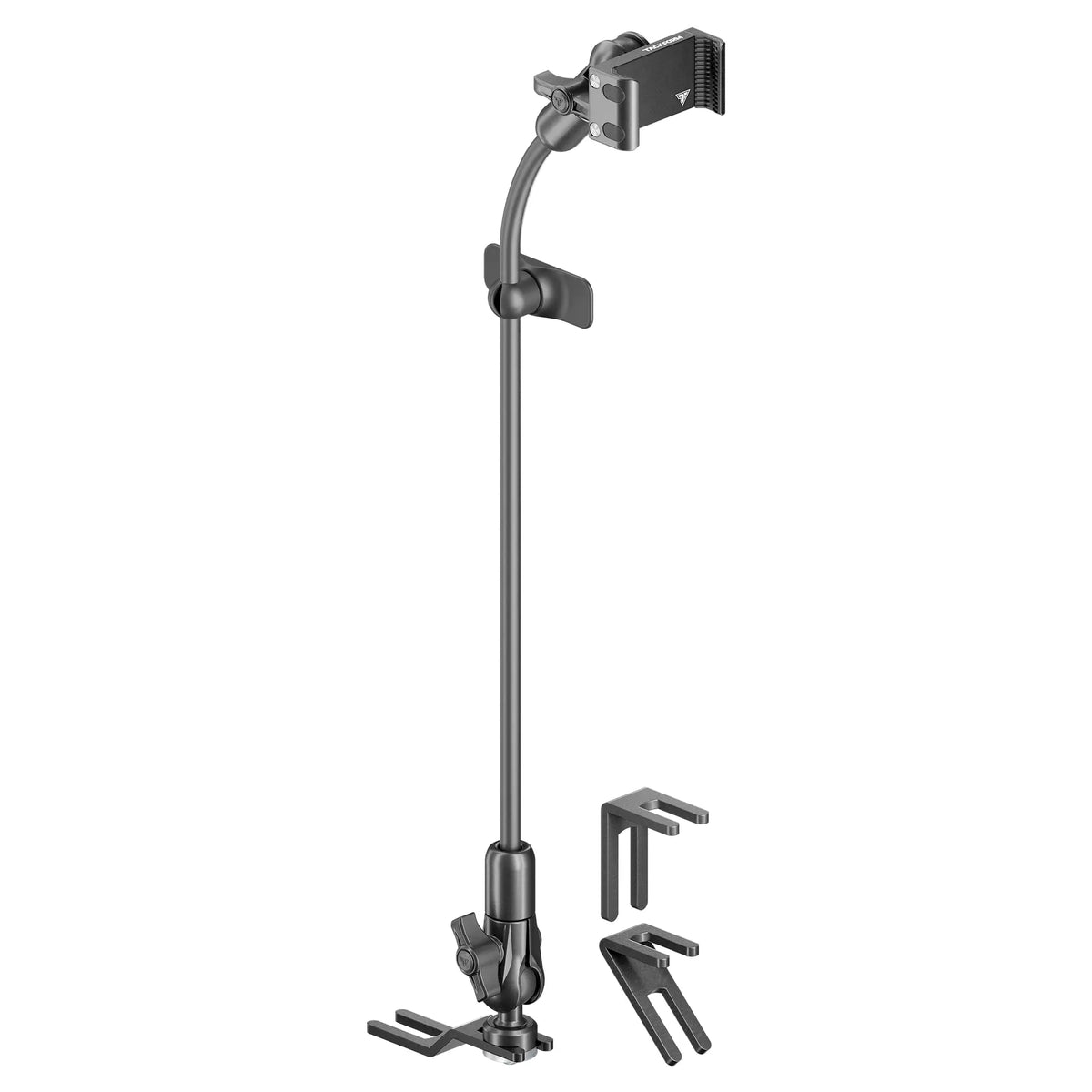 Tackform seat rail floor bolt phone mount with rigid flex arm for universal fit