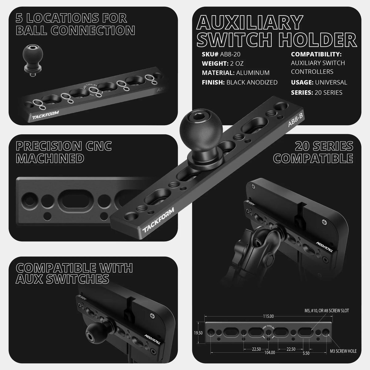 Tackform Auxbeam switch panel holder with 20mm ball or coupler, universal fit
