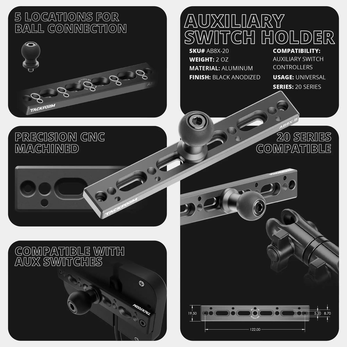 Tackform Auxbeam switch panel holder with 20mm ball or coupler, universal fit
