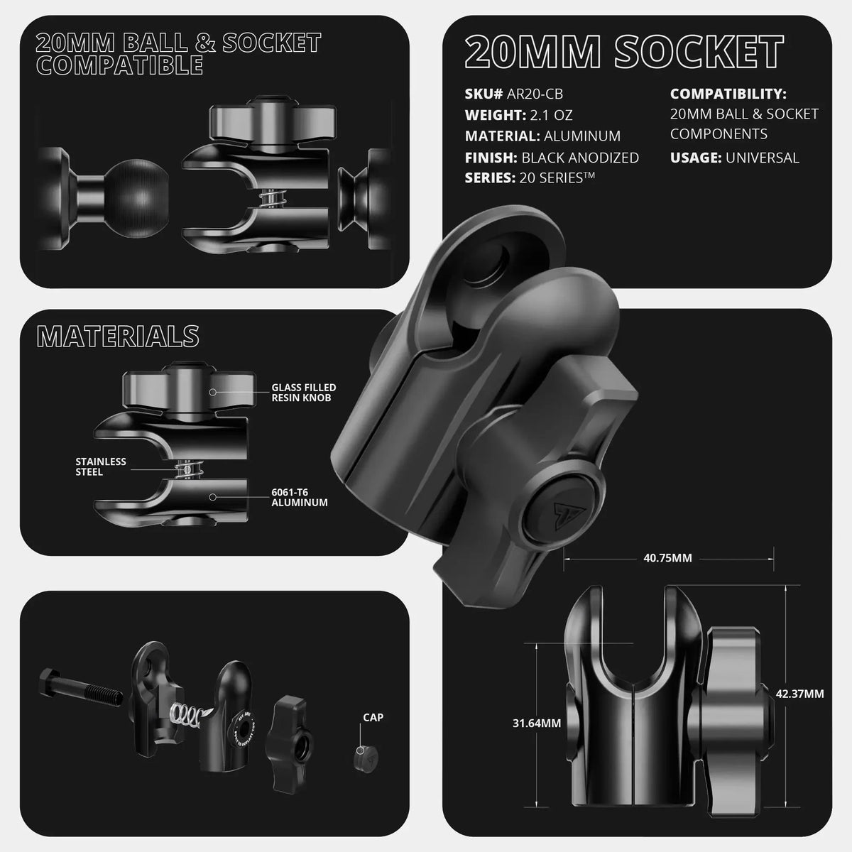 Tackform Diamond AMPS 20mm socket without hardware kit for universal fit