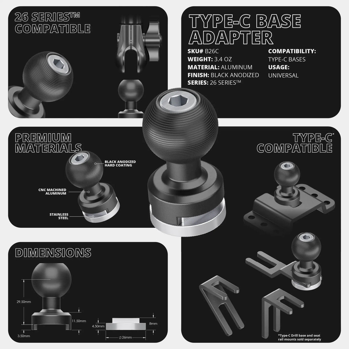 Tackform drill base mount with SLATE metal tablet cradle for universal fit