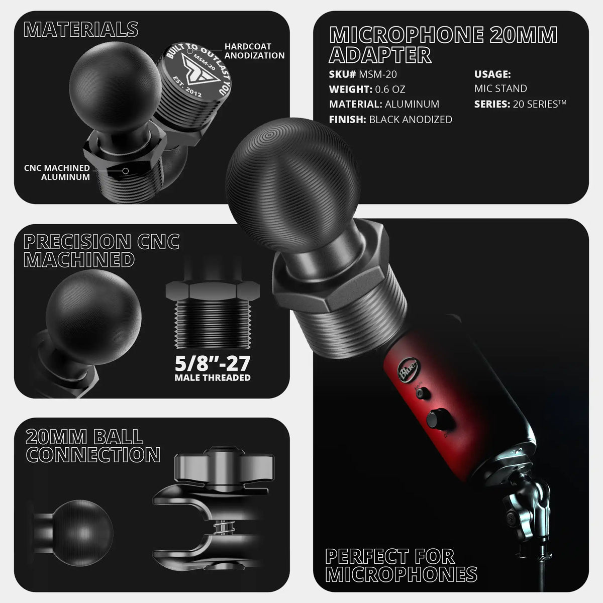 Tackform 20mm ball microphone mount with 5/8"-27 male thread for universal fit