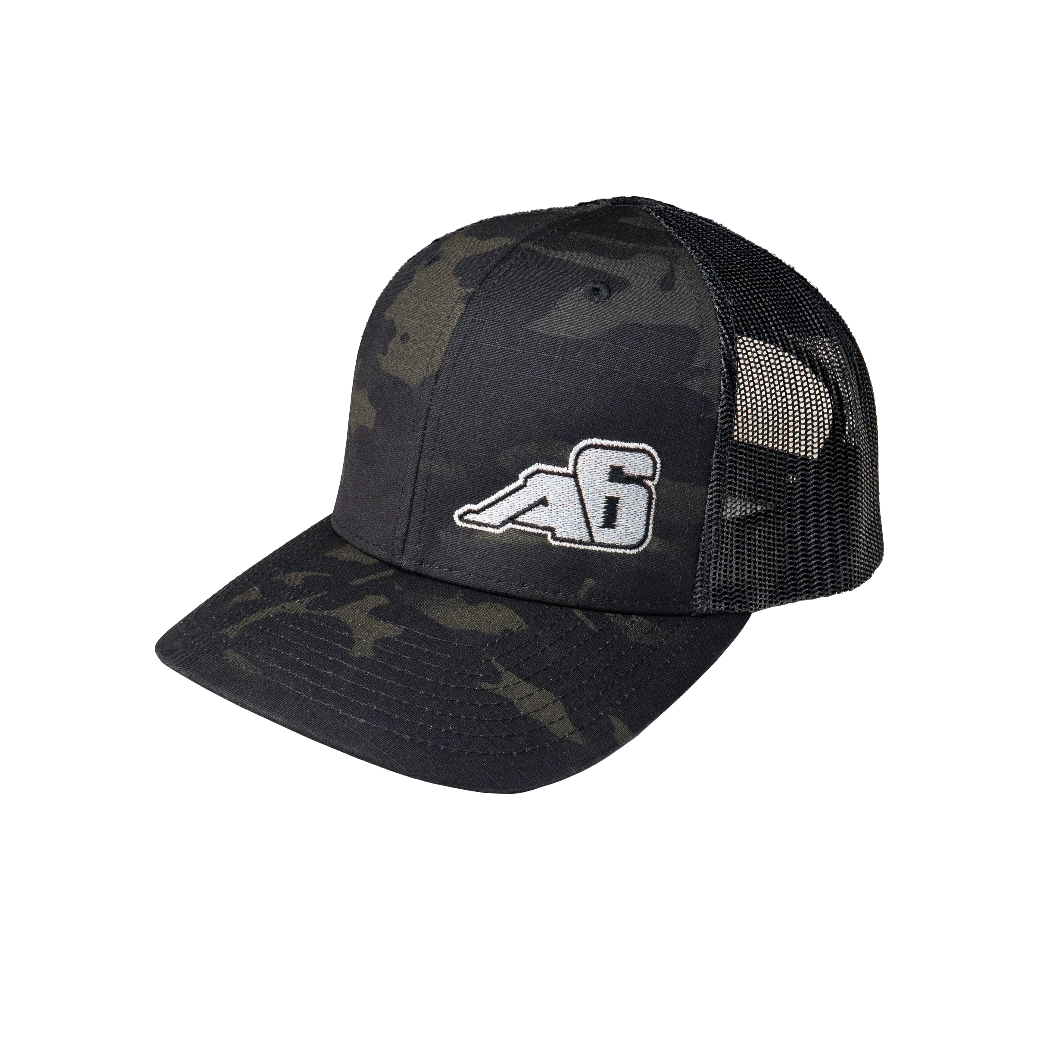 Black camo trucker hat with mesh back and embroidered A6 patch, overlanding gear