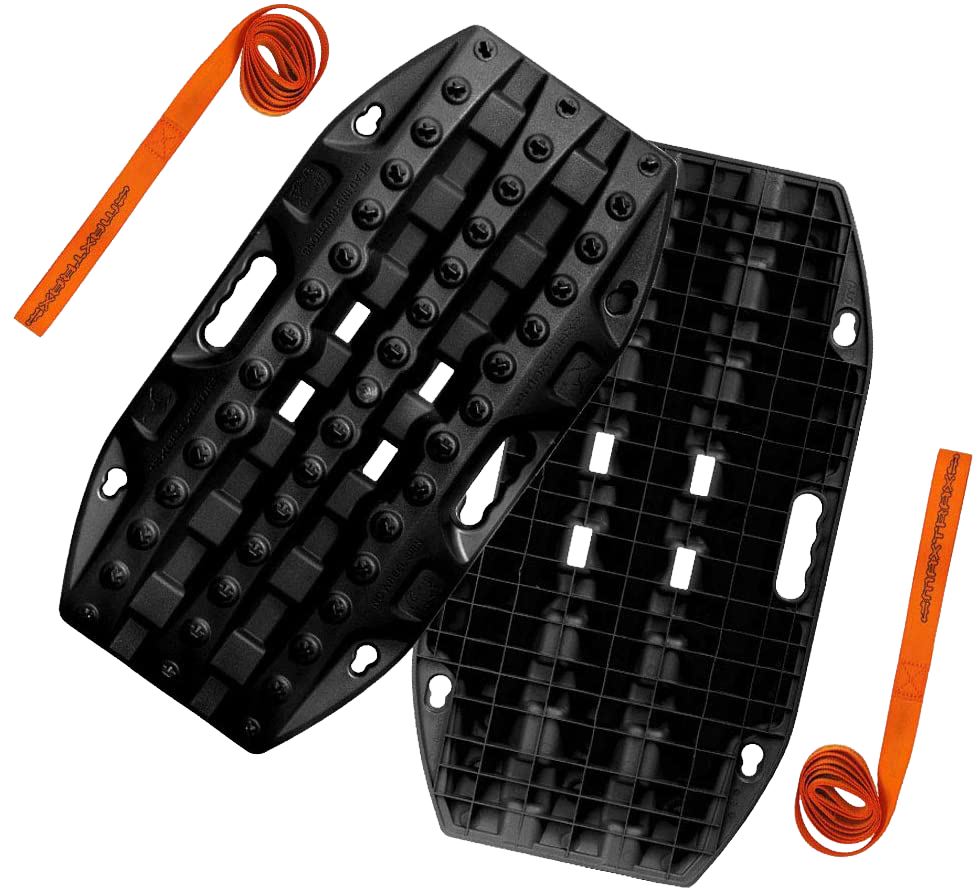 Pair of black off-road recovery traction boards with orange straps for overlanding vehicles