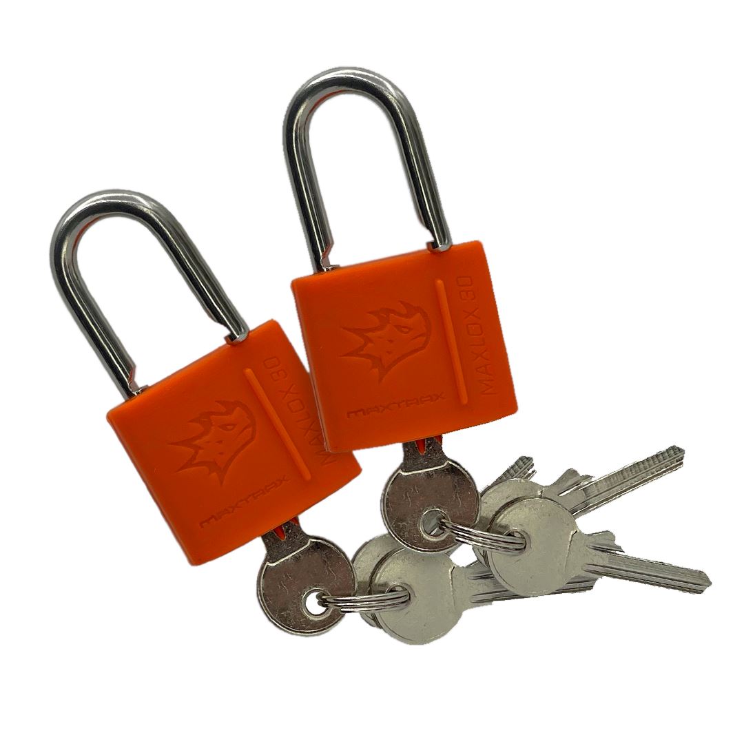 Pair of orange padlocks with keys, outdoor gear security accessories