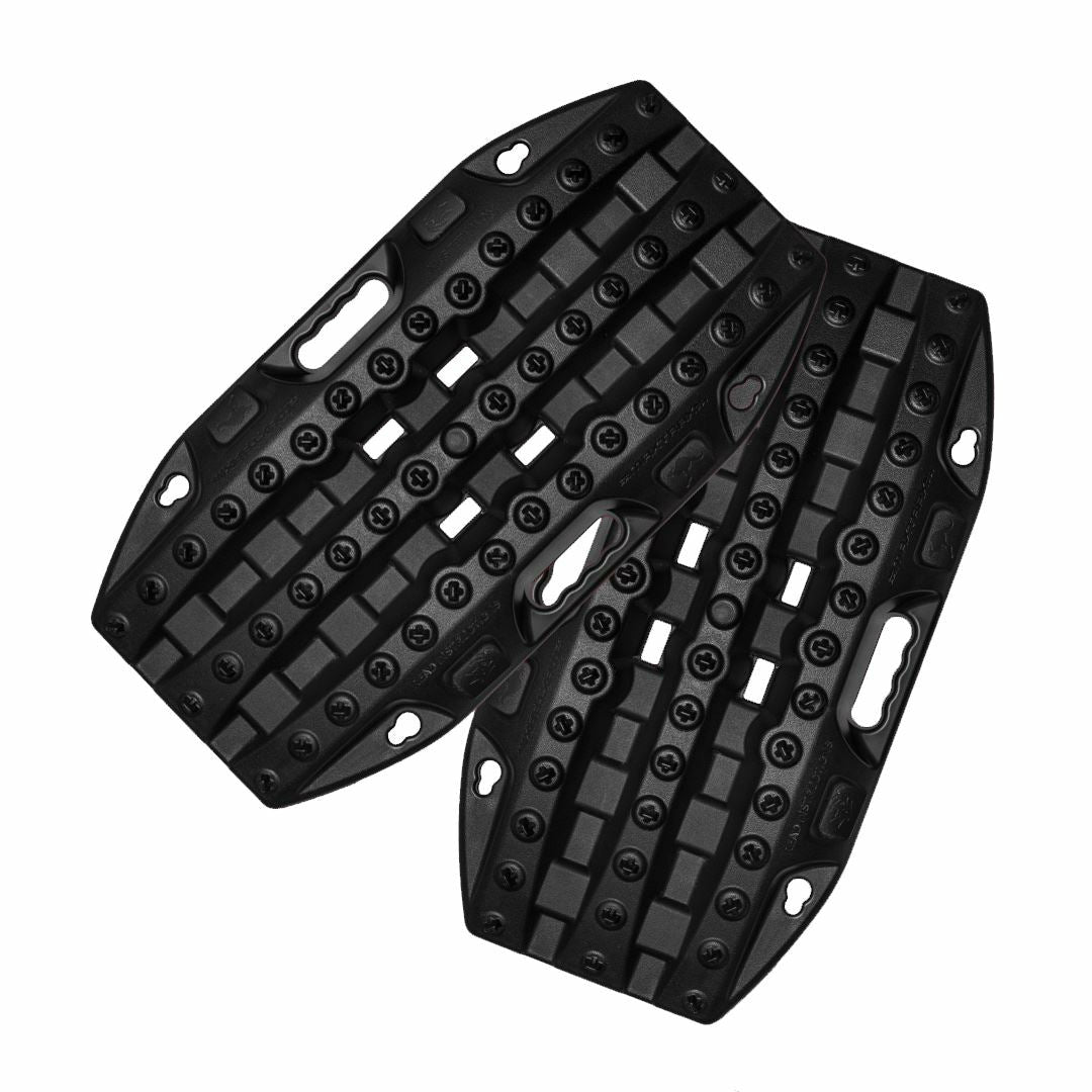 Pair of black traction boards for off-road vehicle recovery and overlanding gear