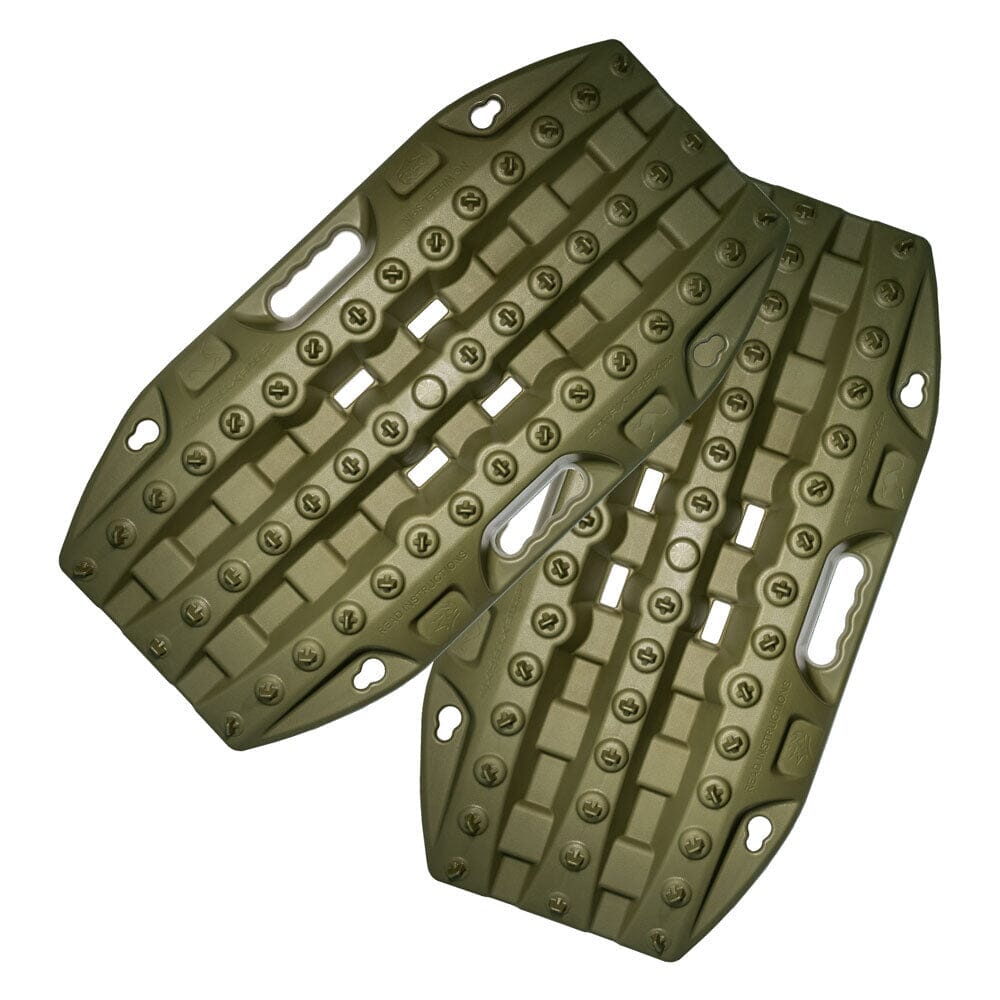 Pair of green traction boards for overlanding and off-road vehicle recovery