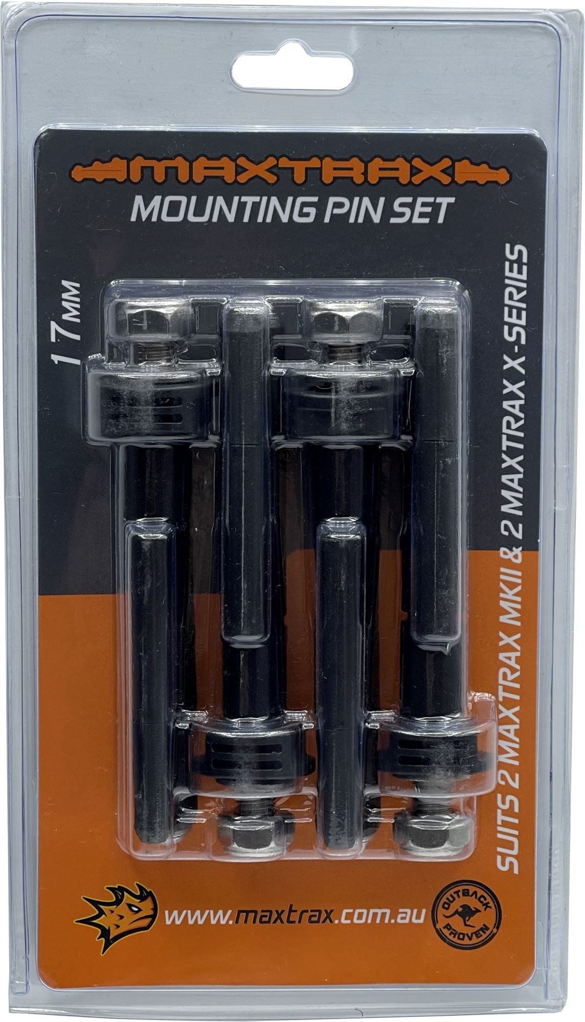 MAXTRAX mounting pin set for recovery boards, 17mm black hardware in retail packaging