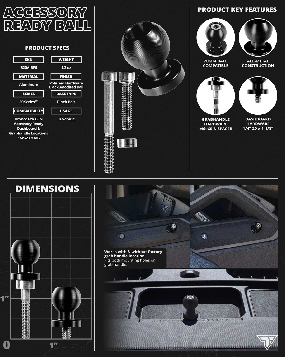 Tackform B20A-BF6 20mm metal ball mounting base for 2021+ Ford Bronco
