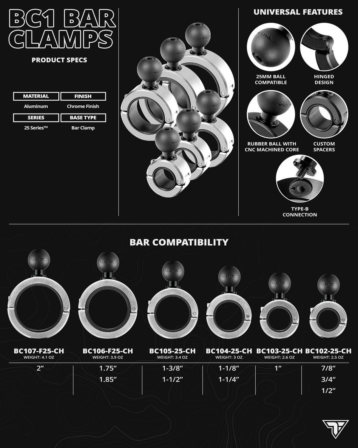 Tackform BC1 chrome bar clamp with 25.4mm rubber ball for universal fit